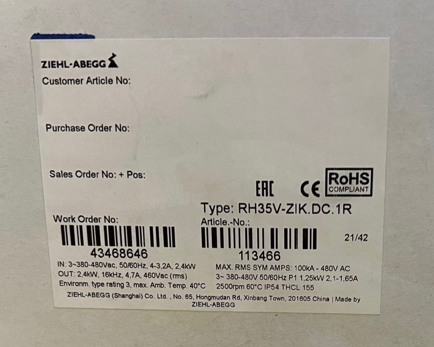 RH35V-ZIK.DC.1R ZIEHL-ABEGG centrifugal fan 380-400V 2.4-1.9A