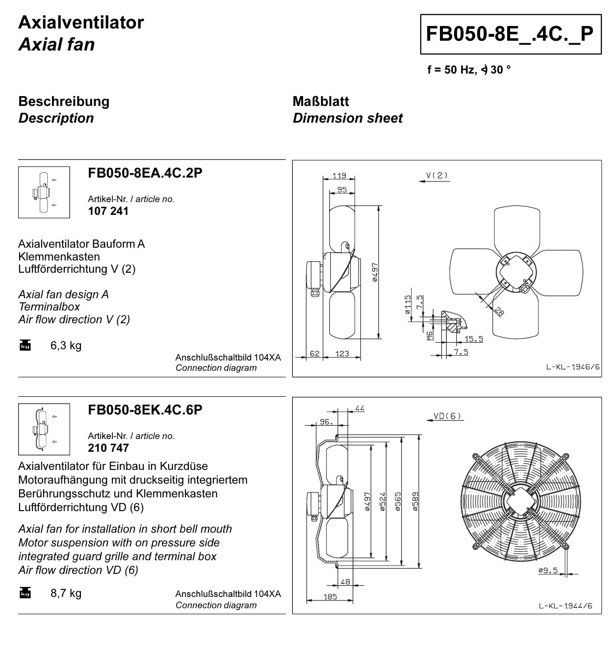FB050-8EK.4C.6P ZIEHL-ABEGG Axial Fan 230V 0.15kW 0.66A 670rpm