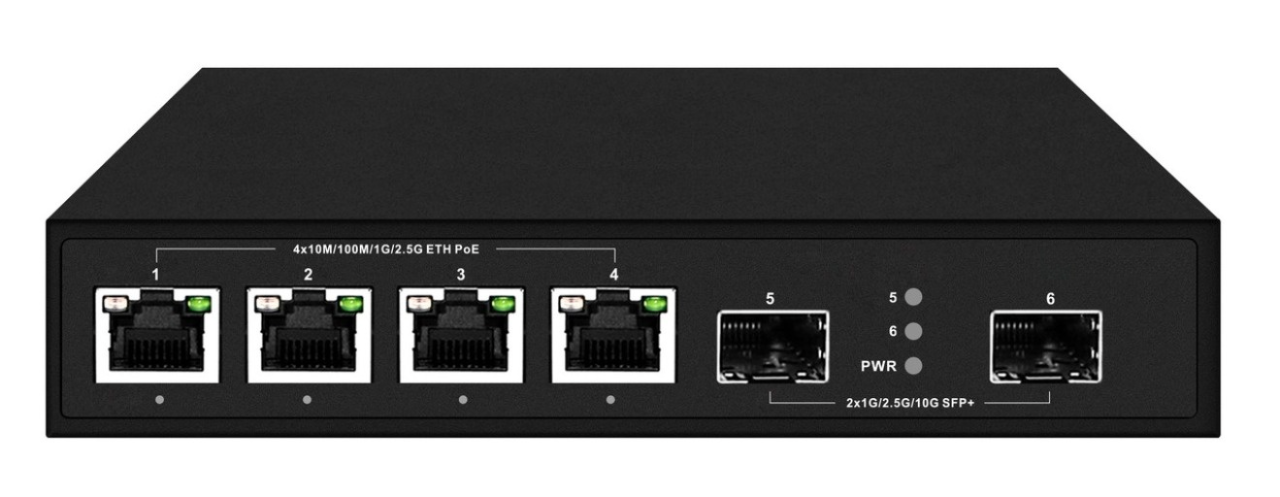RB10-402S-PSE 4x 100M/1G/2.5G Ethernet port switch + 2x 1G/10G SFP+ uplink slots, high power PoE+ 65W budget
