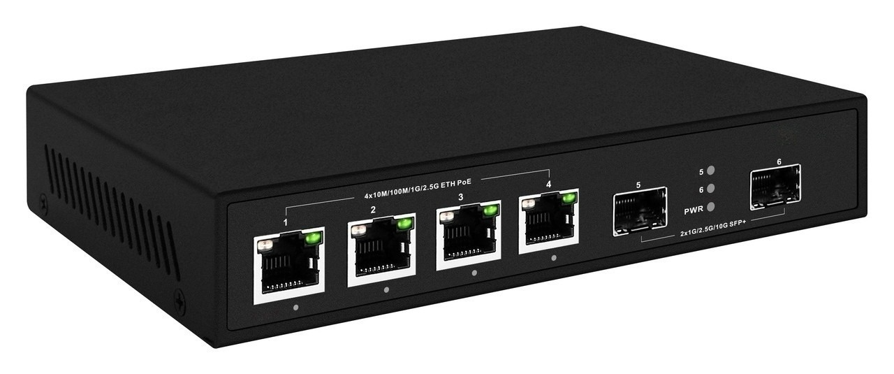 RB10-402S-PSE 4x 100M/1G/2.5G Ethernet port switch + 2x 1G/10G SFP+ uplink slots, high power PoE+ 65W budget