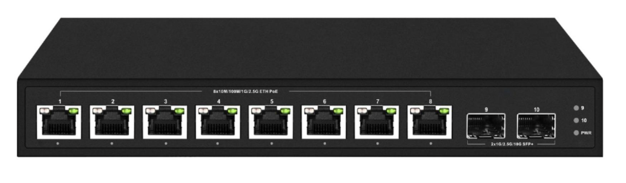 RB10-802S-PSE 8x 100M/1G/2.5G Ethernet port switch + 2x 1G/10G SFP+ uplink slots, high power PoE++ 125W budget