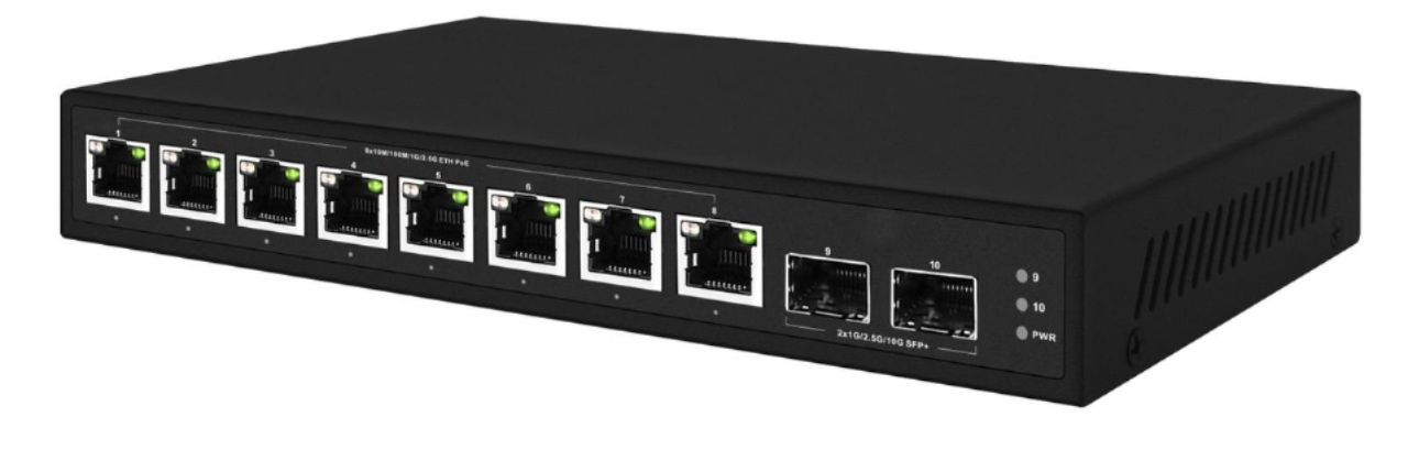 RB10-802S-PSE 8x 100M/1G/2.5G Ethernet port switch + 2x 1G/10G SFP+ uplink slots, high power PoE++ 125W budget