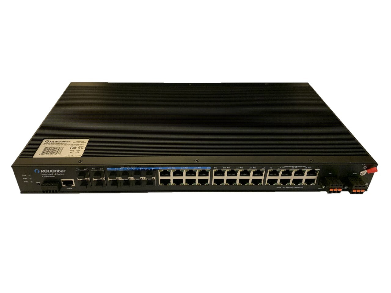 RBH-2404M-PSE - 24x 10/100/1000Base-Tx (8 combo RJ45/SFP) and 4x 10G SFP+ ports Gigabit Ethernet Managed Industrial fiber switch with 400W of PoE budget, 19" mountable, -40 to +75 Celsius