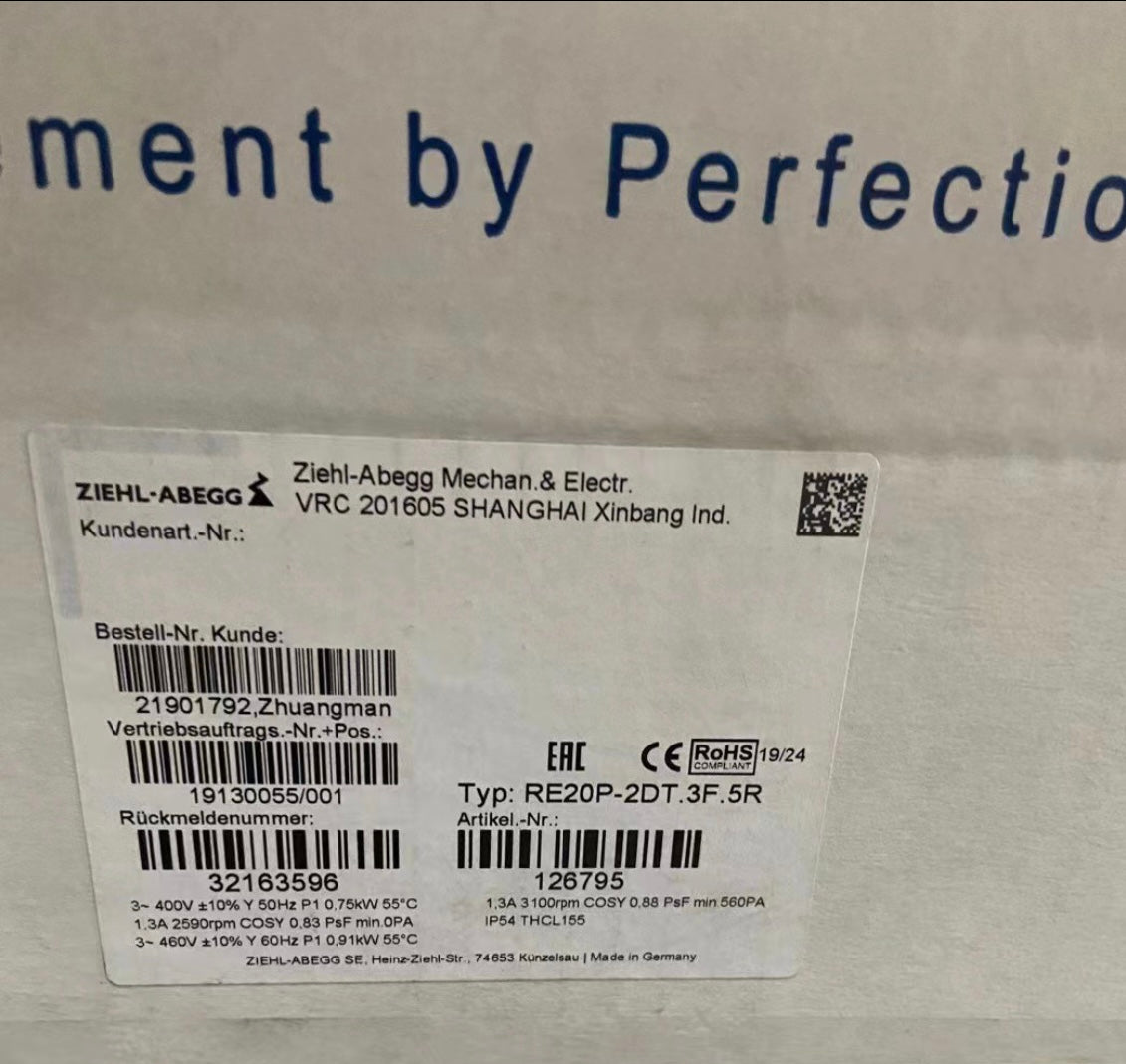 RE20P-2DT.3F.5R Motor Fan 400/460V 0.75/0.91kW 1.3A 2590/3100rpm ZIEHL-ABEGG centrifugal fan