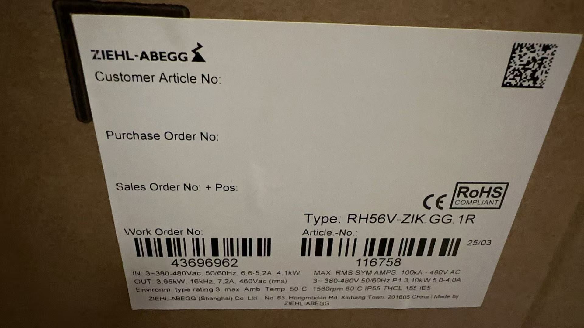 RH56V-ZIK.GG.1R ZIEHL-ABEGG centrifugal fan 2.7KW 380/480V 8.4/7.0A 1480RPM industrial cooling fan