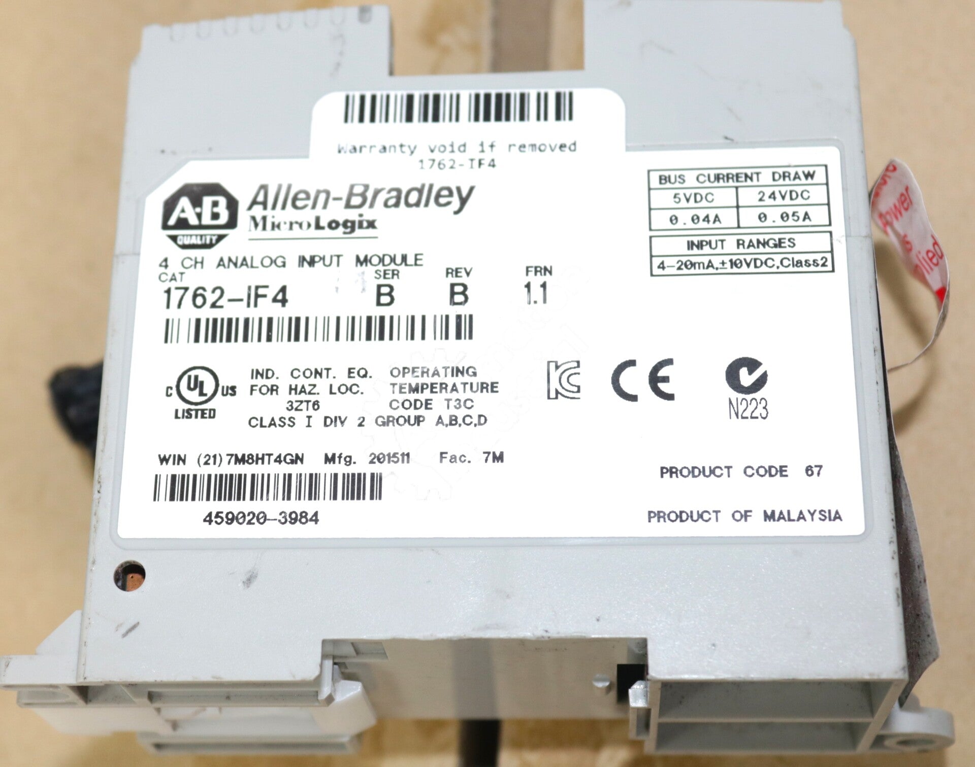 1762-IF4 By Allen Bradley 4-Point Bulletin 1762 MicroLogix Expansion I/O Module