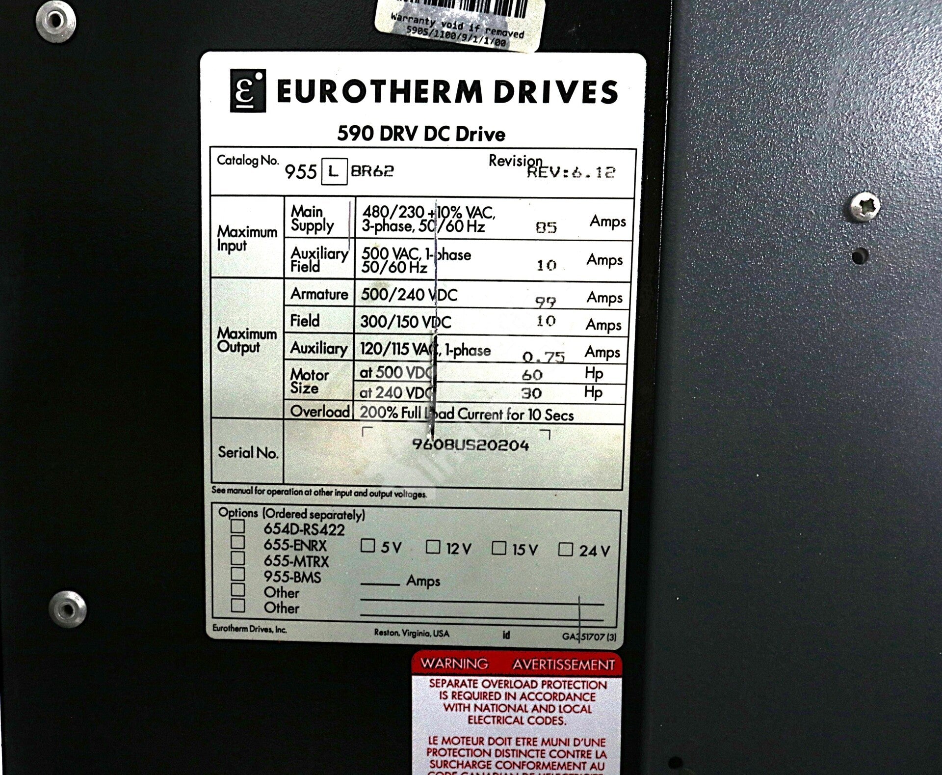 590S/1100/9/1/1/00 By Eurotherm 220-500VAC 60HP Digital DC Drive
