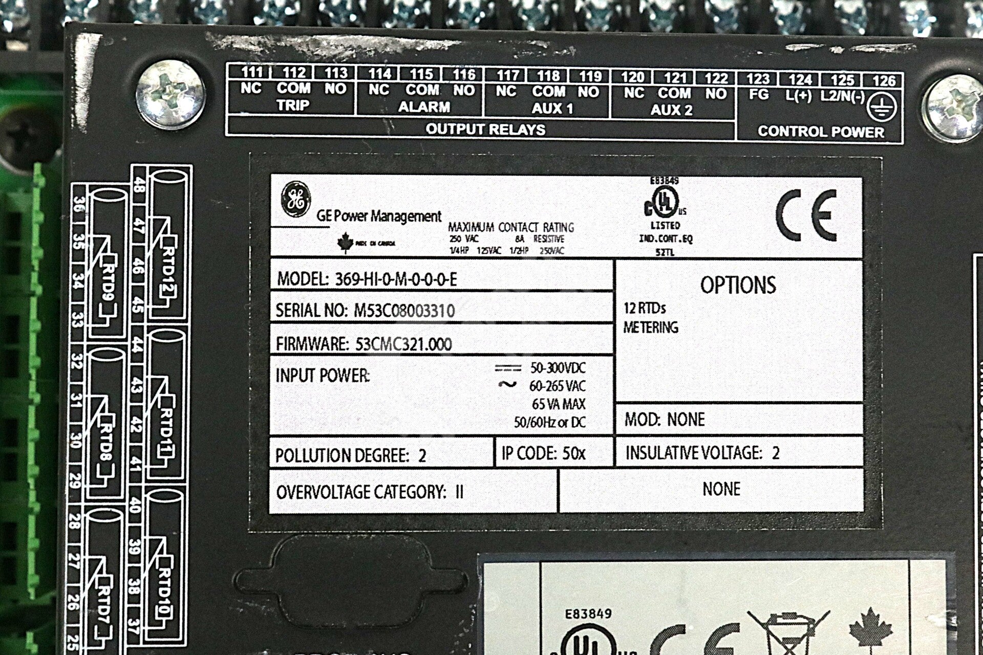 369-HI-0-M-0-0-0-E By GE Multilin 50-300VDC 50/60Hz 369 Motor Management Relay