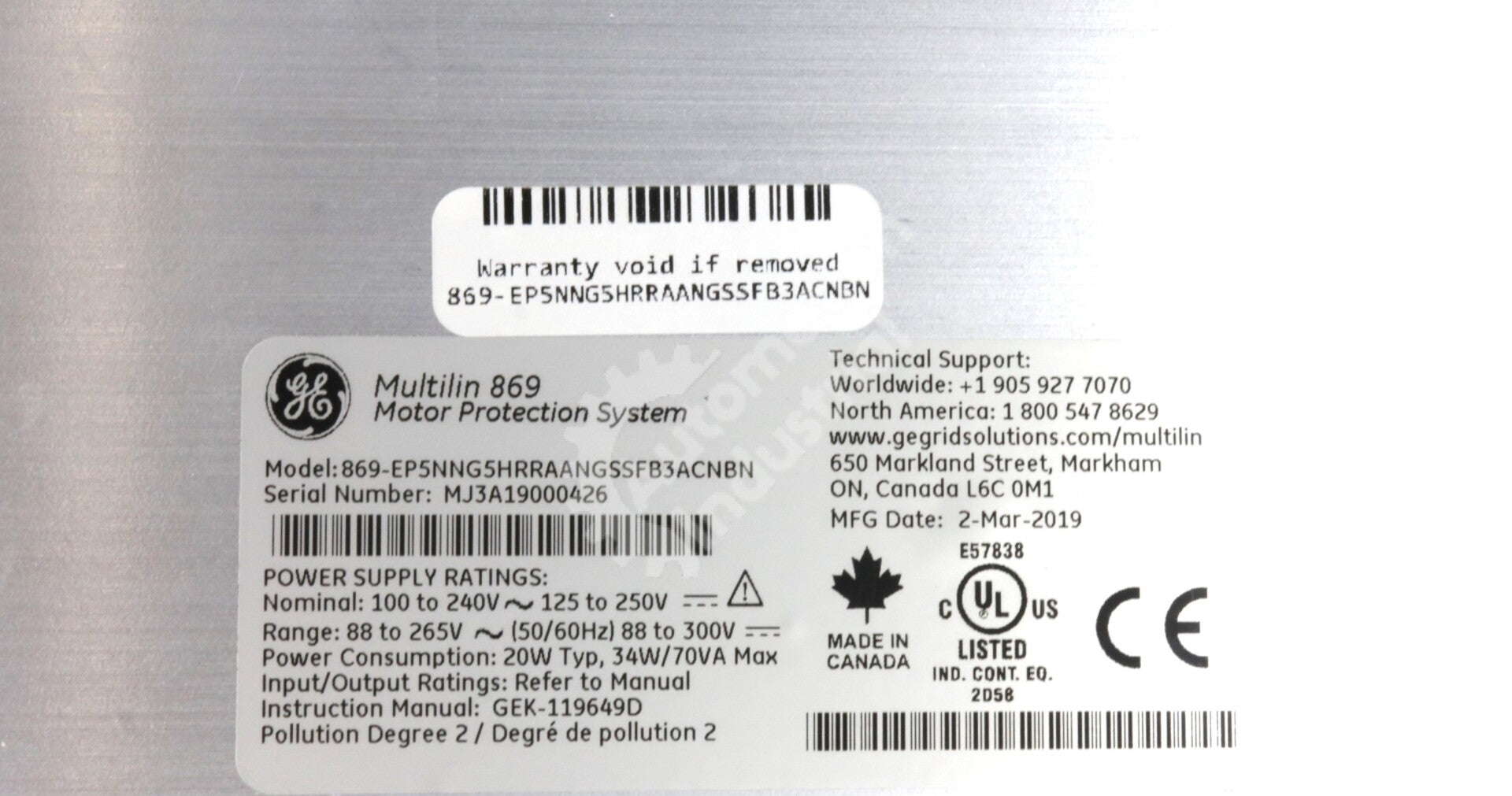 869-EP5NNG5HRRAANGSSFB3ACNBN By GE Multilin Motor Protection Relay System 869