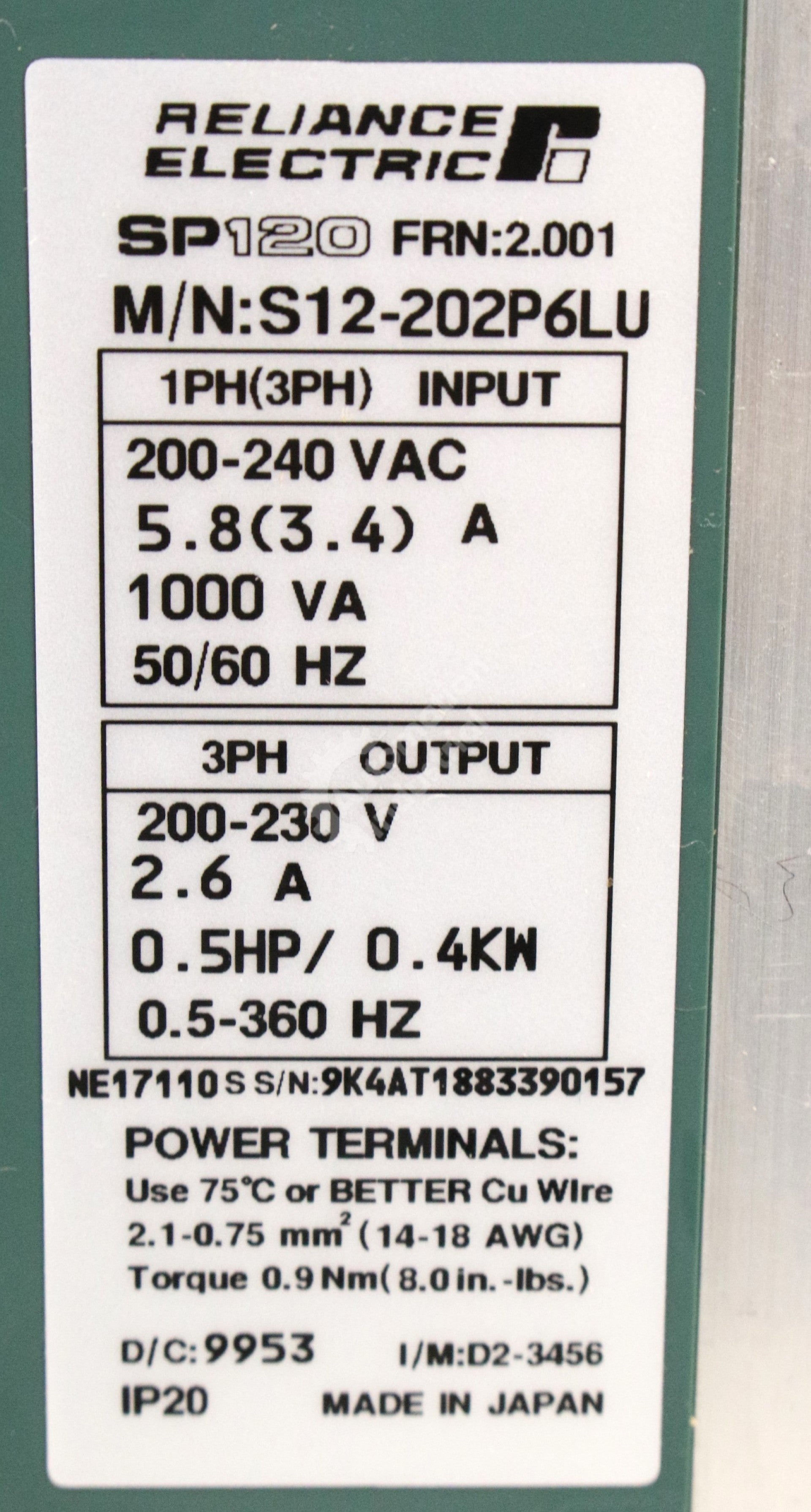 S12-201P4LU by Reliance Electric .25HP 230V Drive SP120 New Factory Package