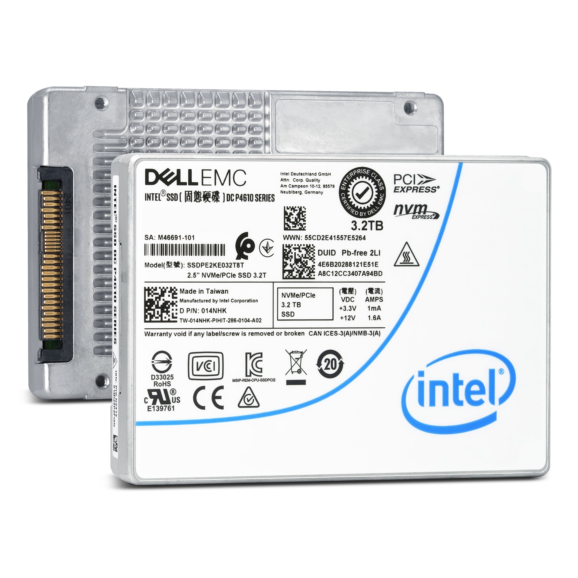 Dell/Intel P4610 SSDPE2KE032T8TB 3.2TB PCIe Gen 3.1 X4 4GB/s 3D TLC 3DWPD U.2 NVMe 2.5in Enterprise Solid State Drive