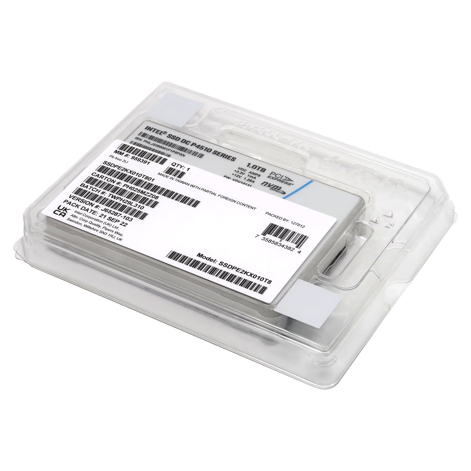 Intel P4510 SSDPE2KX010T801 1TB PCIe Gen 3.1 X4 4GB/s 3D TLC 1DWPD U.2 NVMe 2.5in Solid State Drive