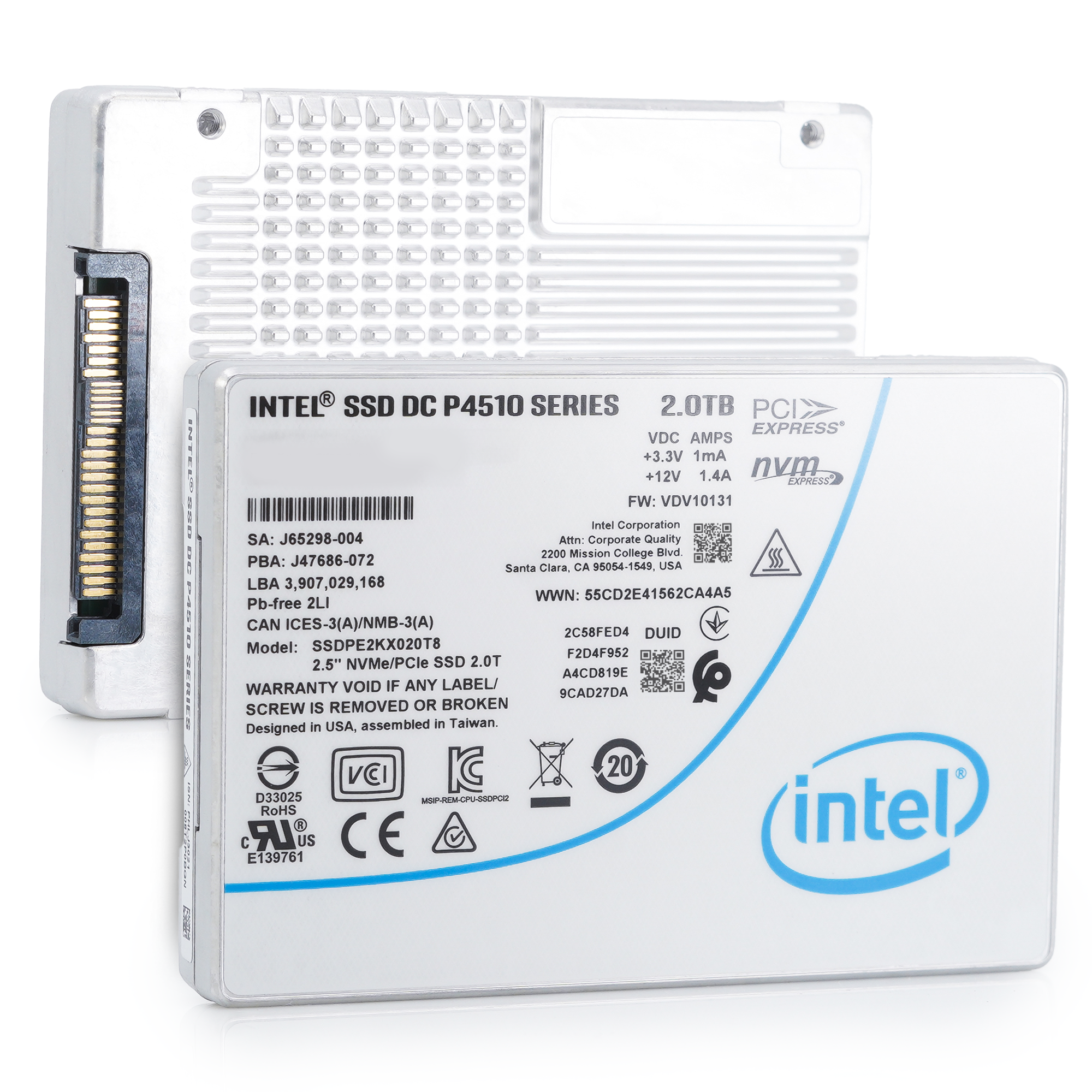 Intel P4510 SSDPE2KX020T8 2TB PCIe Gen 3.1 x4 4GB/s U.2 NVMe 2.5in Enterprise Solid State Drive