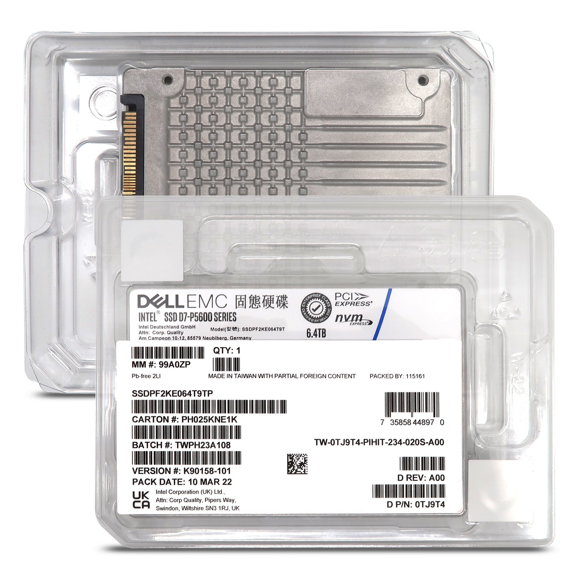 Dell D7-P5600 SSDPF2KE064T9TP 0TJ9T4 6.4TB PCIe Gen 4.0 x4 8GB/s 3D TLC 3DWPD SED U.2 NVMe 2.5in Solid State Drive
