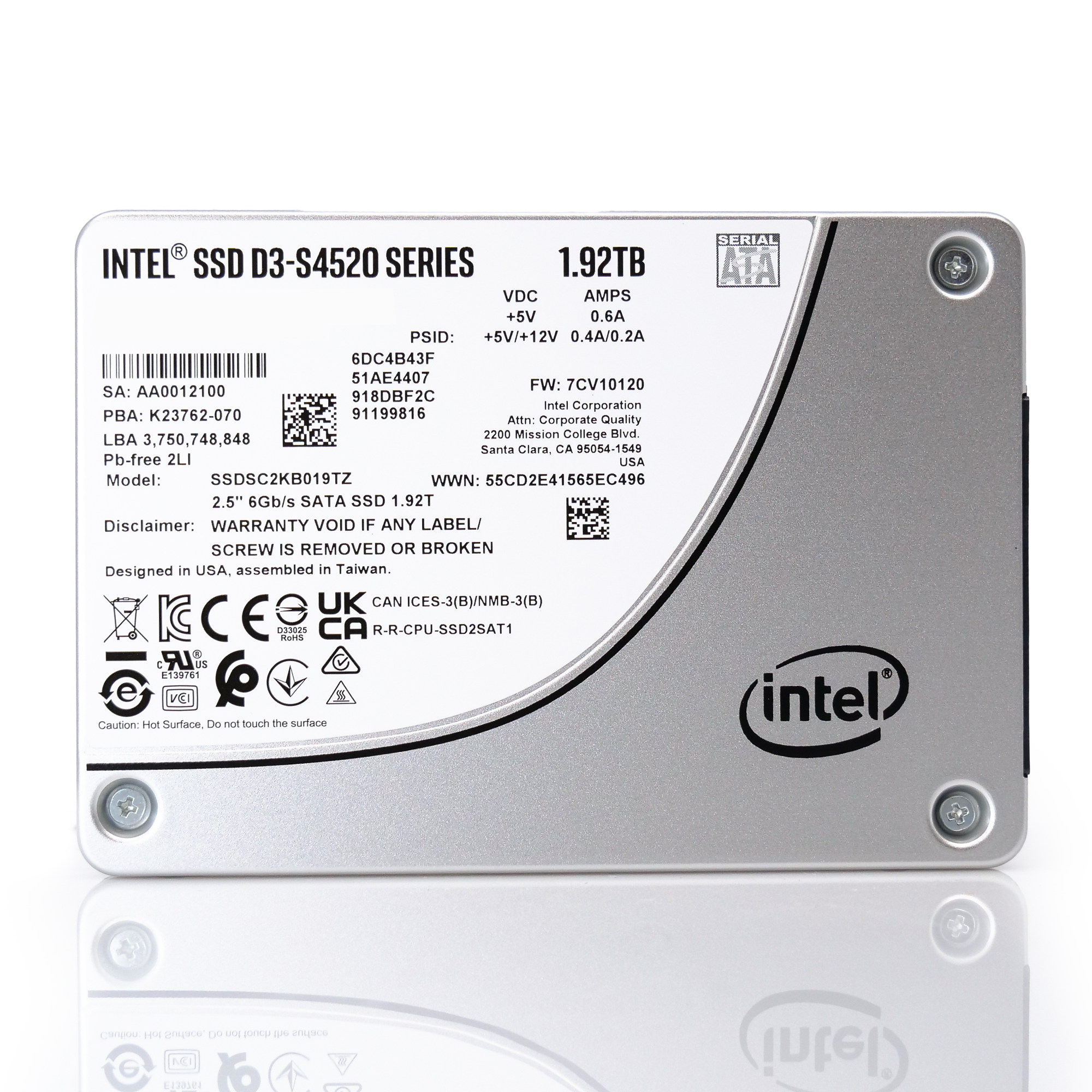 Intel D3-S4520 SSDSC2KB019TZ01 1.92TB SATA 6Gb/s 3D TLC 1DWPD 2.5in Enterprise Solid State Drive