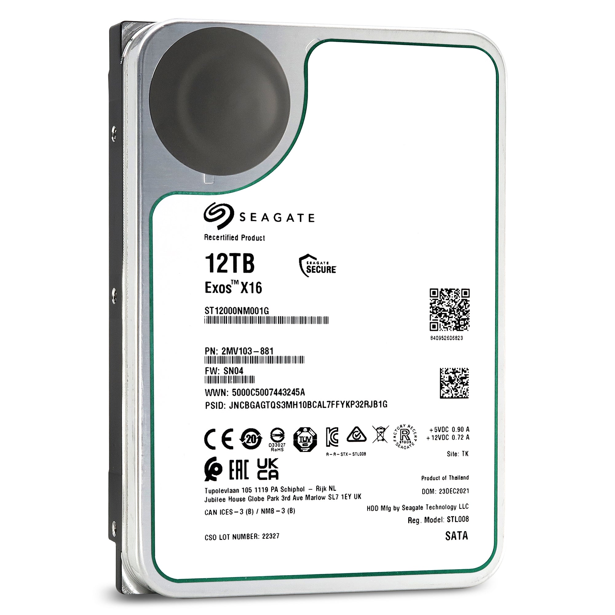 Seagate Exos X16 ST12000NM001G 12TB 7.2K RPM SATA 6Gb/s 512e/4Kn 256MB 3.5" FastFormat Manufacturer Recertified HDD