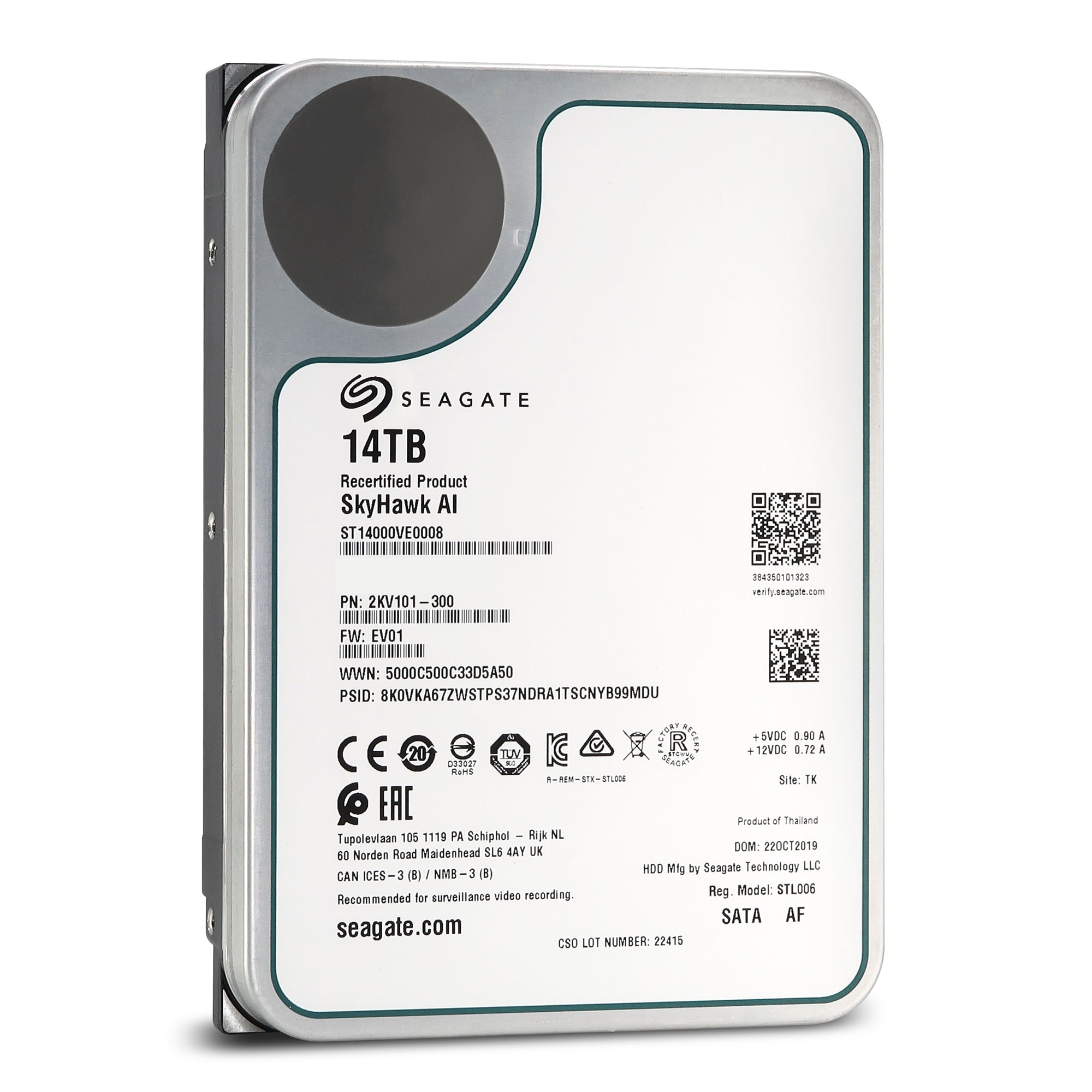 Seagate SkyHawk Surveillance ST14000VE0008 14TB 7.2K RPM SATA 6Gb/s 512e 3.5in Recertified Hard Drive