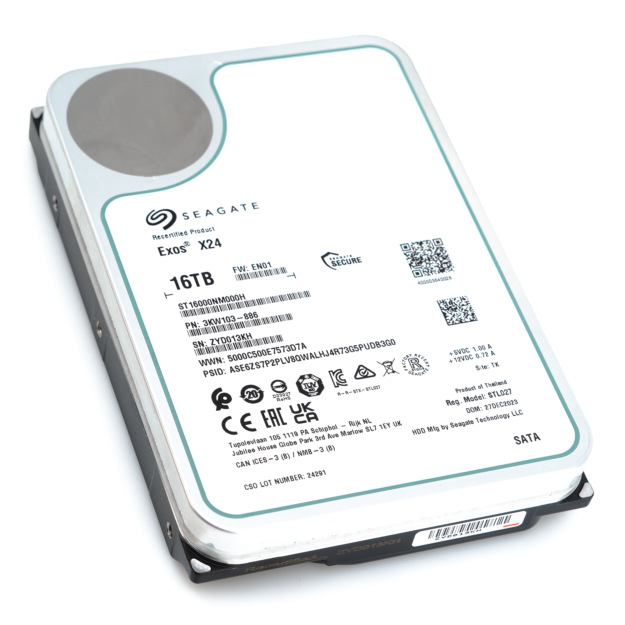 Seagate Exos X24 ST16000NM000H 16TB 7.2K RPM SATA 6Gb/s 512e 3.5in Recertified Hard Drive