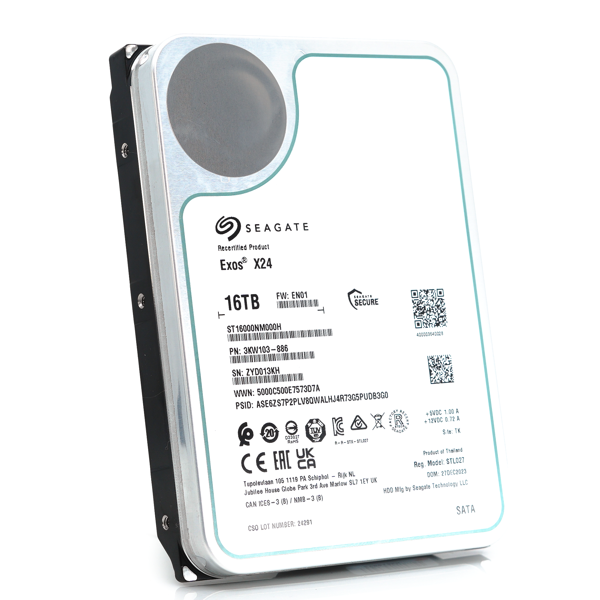 Seagate Exos X24 ST16000NM000H 16TB 7.2K RPM SATA 6Gb/s 512e 3.5in Recertified Hard Drive