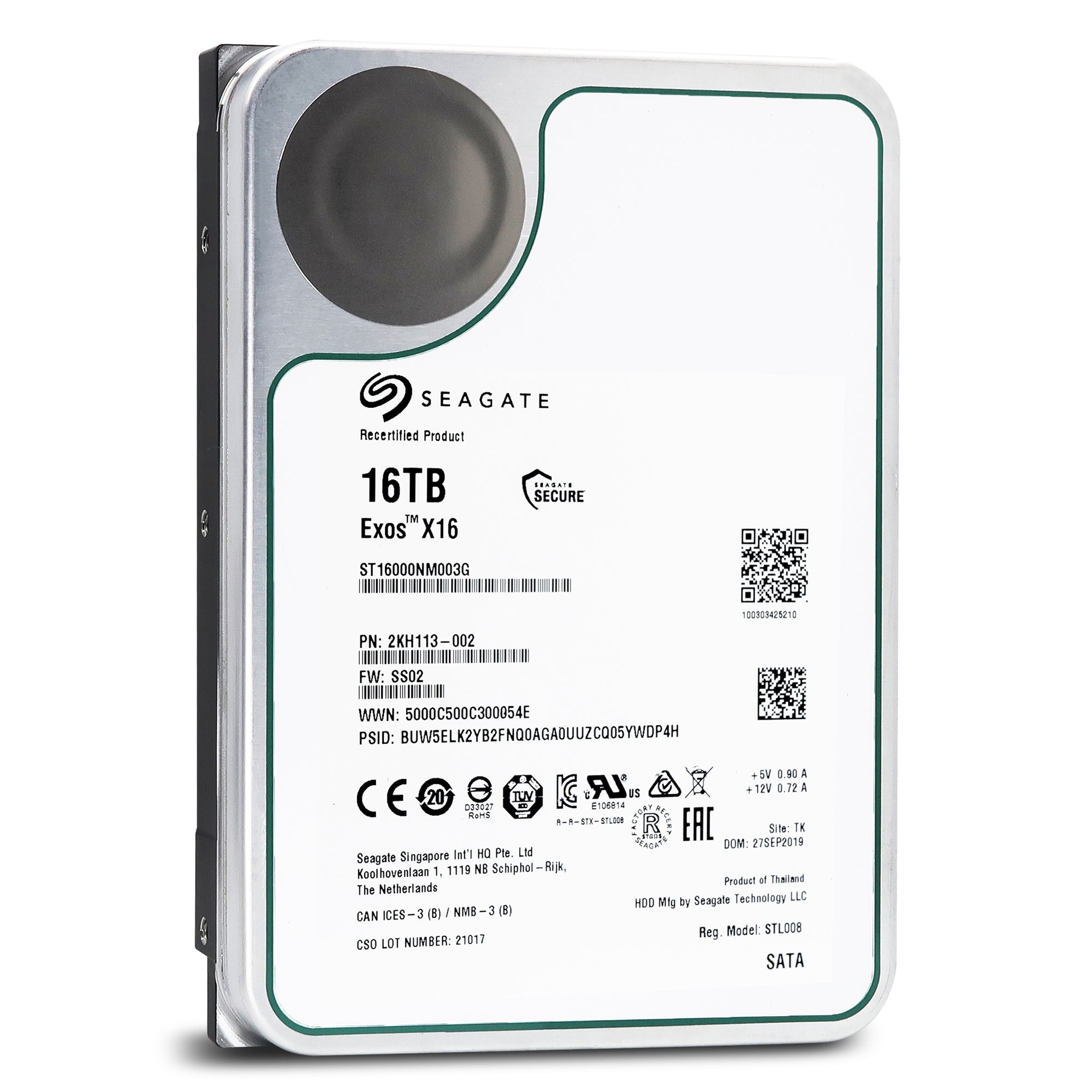 Seagate Exos X16 ST16000NM003G 16TB 7.2K RPM SATA 6Gb/s 512e/4Kn 256MB 3.5" SED FastFormat Manufacturer Recertified HDD
