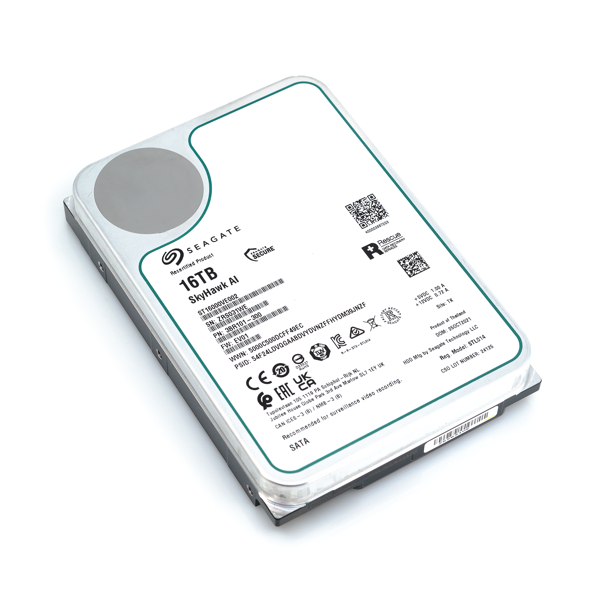 Seagate SkyHawk AI ST16000VE002 16TB 7.2K RPM SATA 6Gb/s 3.5in Recertified Hard Drive