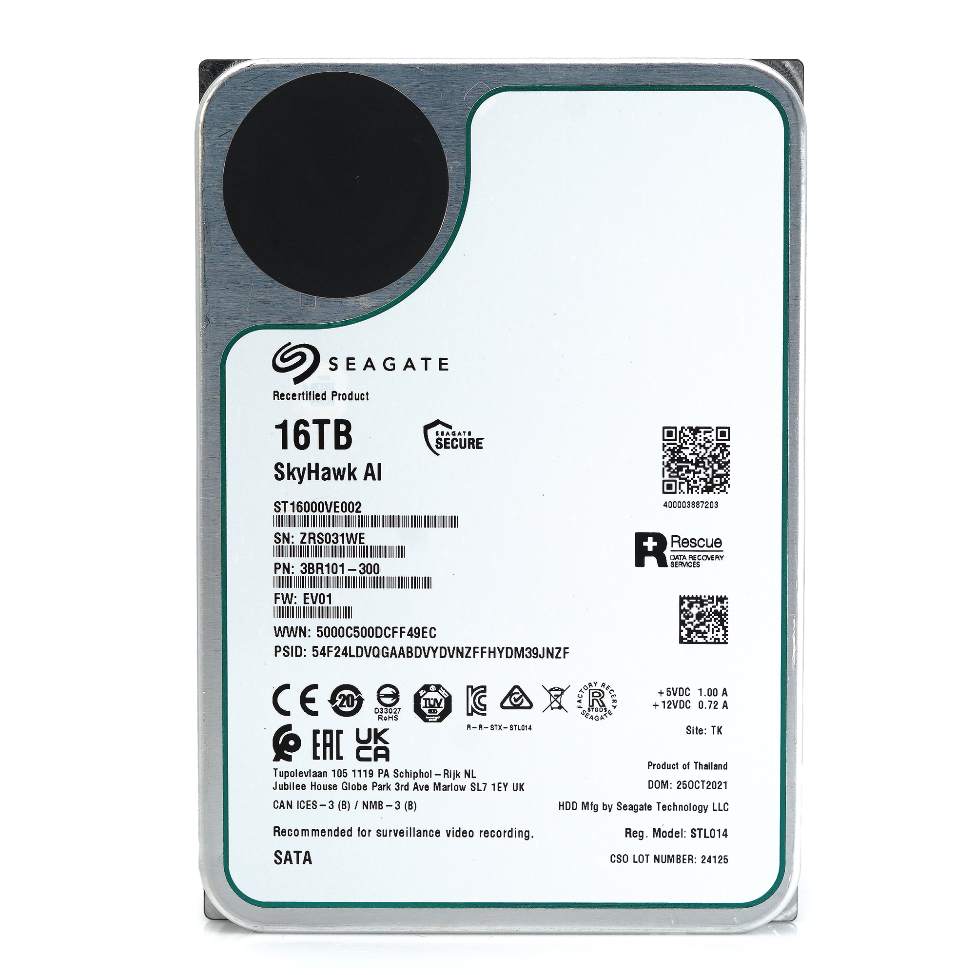 Seagate SkyHawk AI ST16000VE002 16TB 7.2K RPM SATA 6Gb/s 3.5in Recertified Hard Drive