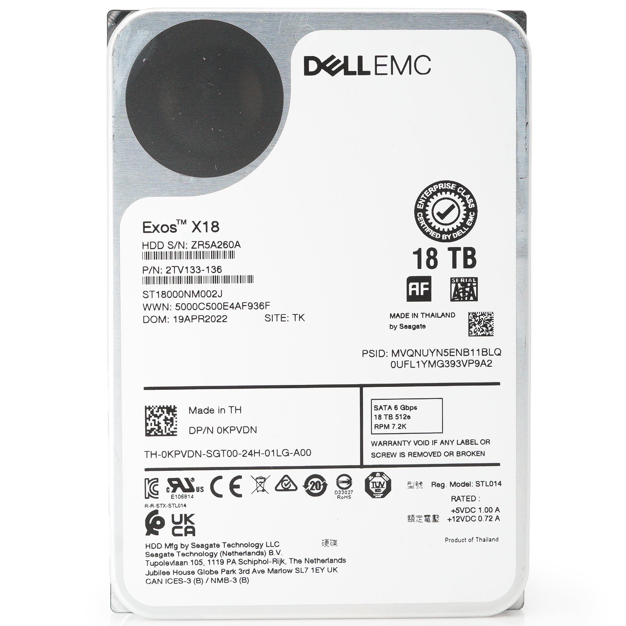 Dell Exos X18 ST18000NM002J 0KPVDN 18TB 7.2K RPM SATA 6Gb/s 512e PowerEdge Certified 3.5in Recertified Hard Drive