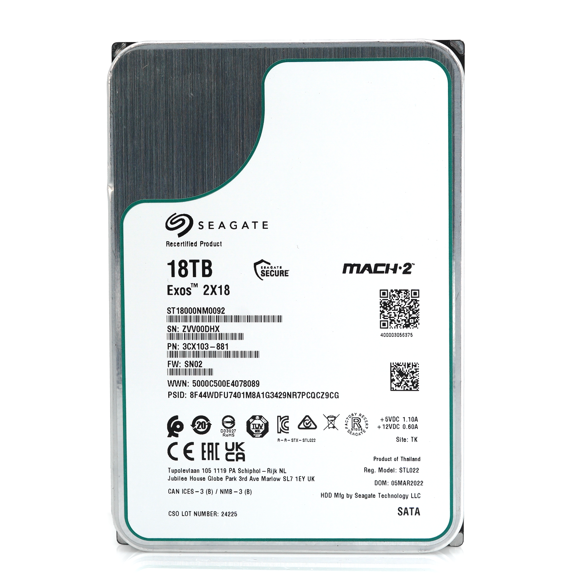 Seagate Exos 2X18 ST18000NM0092 18TB 7.2K RPM SATA 6Gb/s 512e Dual Actuator Mach.2 3.5in Recertified Hard Drive