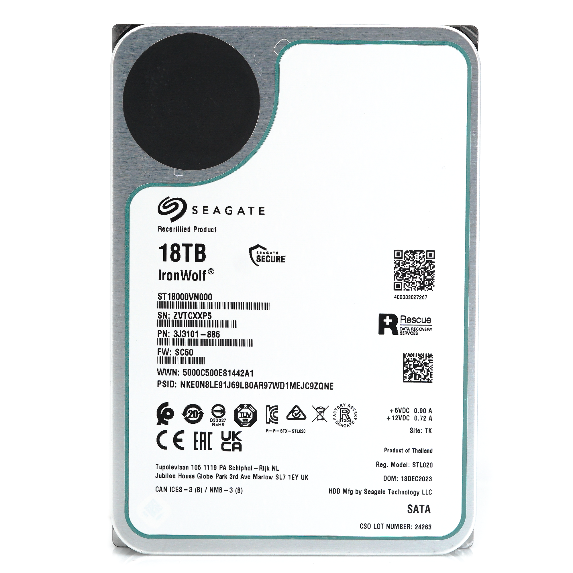 Seagate IronWolf ST18000VN000 18TB 7.2K RPM SATA 6Gb/s 512e CMR NAS 3.5in Recertified Hard Drive