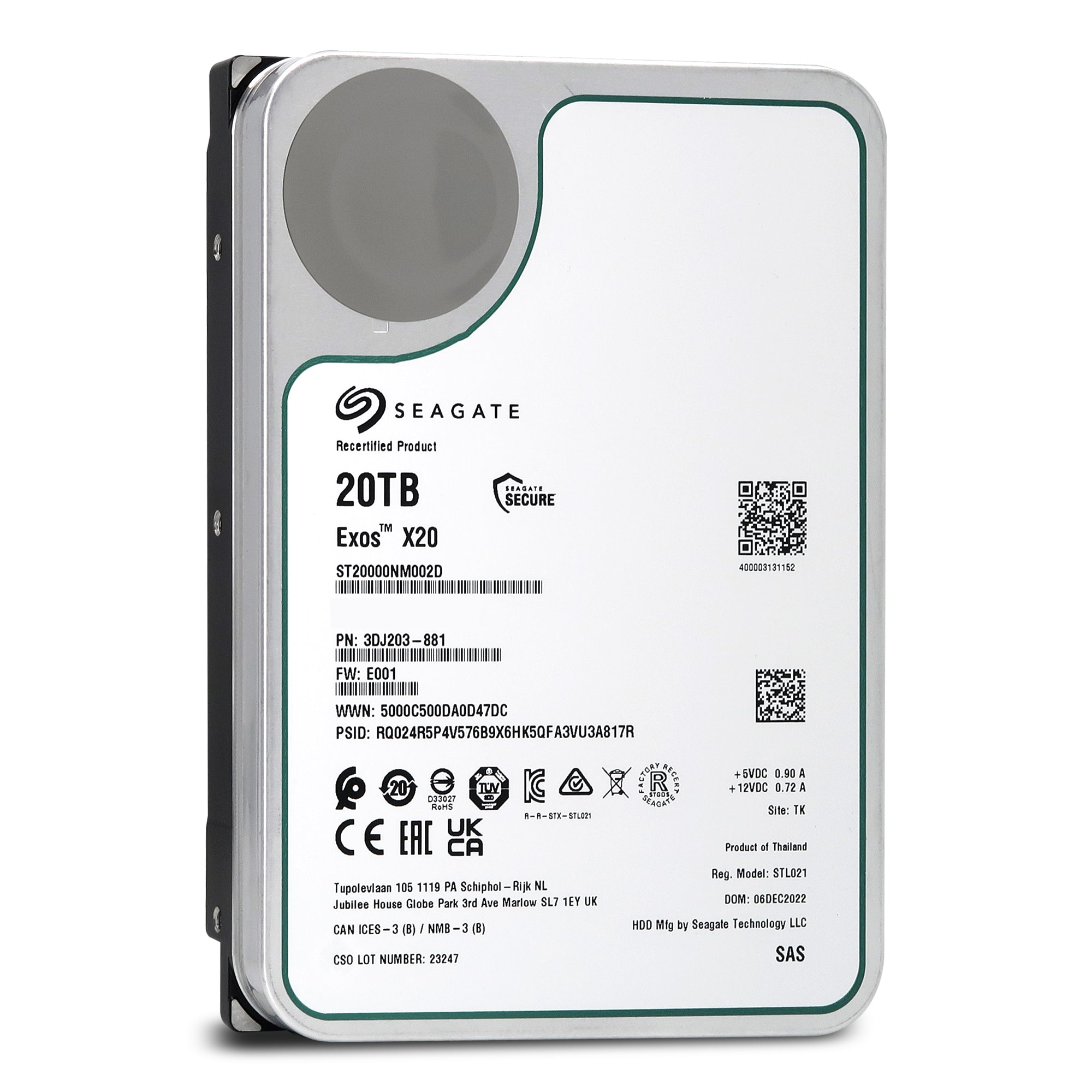 Seagate Exos X20 ST20000NM002D 20TB 7.2K RPM SAS 12Gb/s 3.5in Recertified Hard Drive
