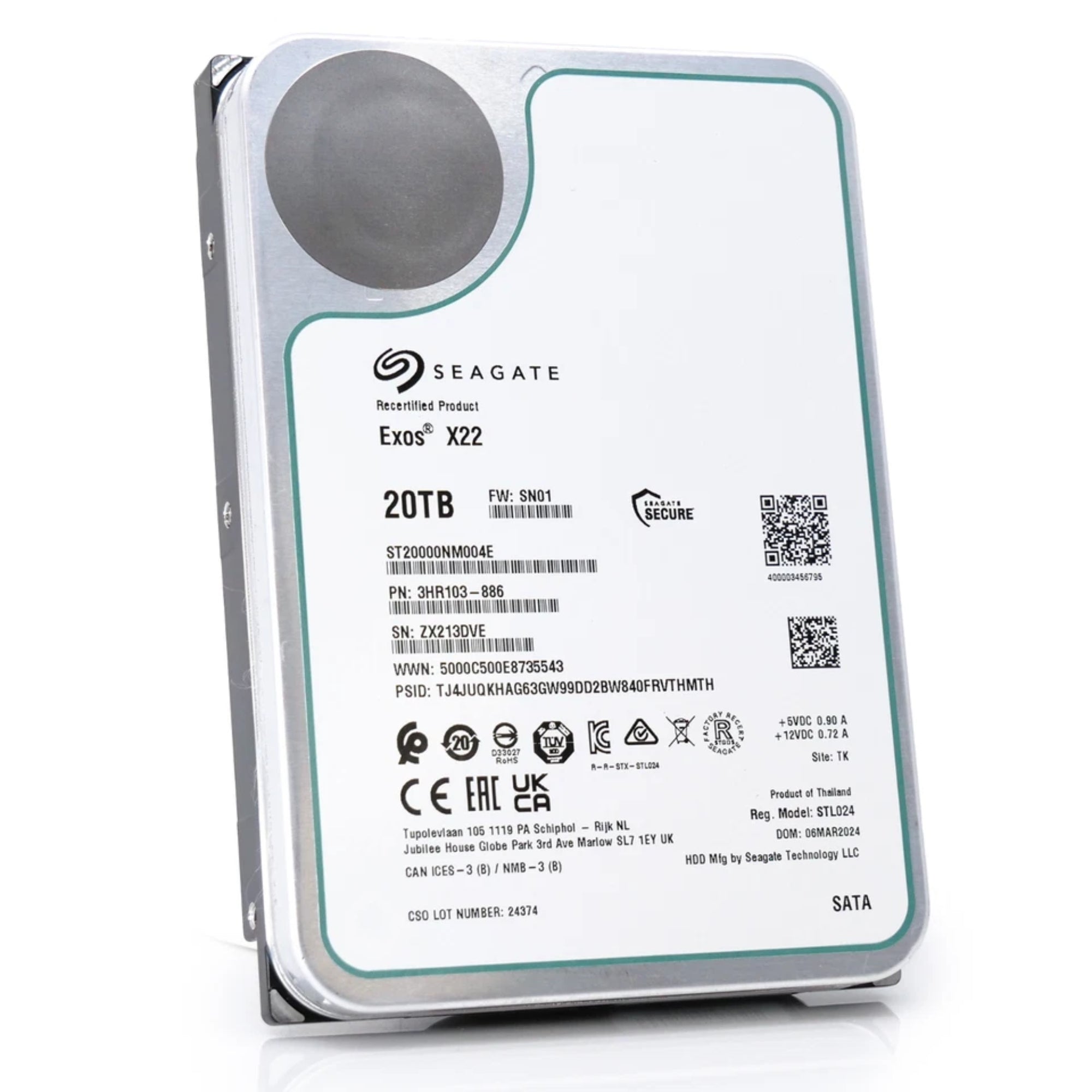 Seagate Exos X22 ST20000NM004E 20TB 7.2K RPM SATA 6Gb/s 512e 3.5in Refurbished HDD