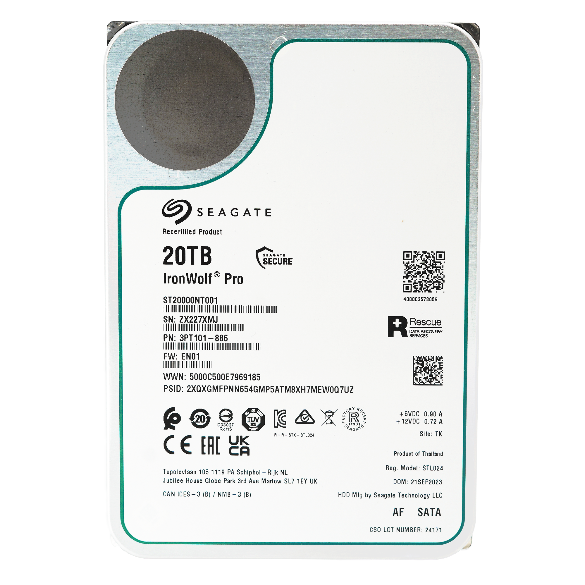 Seagate Ironwolf Pro ST20000NT001 20TB 7.2K RPM SATA 6Gb/s 512e NAS 3.5in Recertified Hard Drive