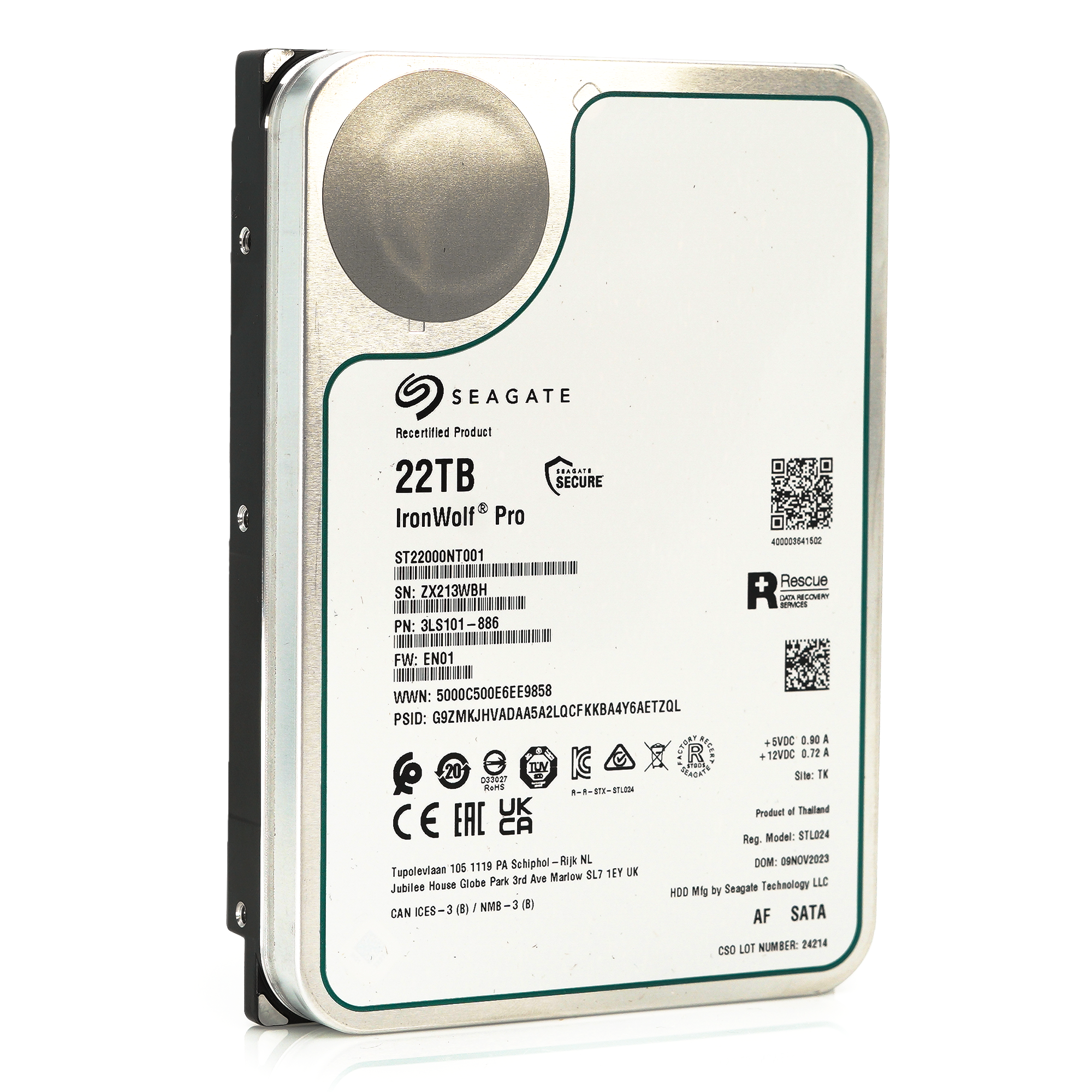 Seagate Ironwolf Pro ST22000NT001 22TB 7.2K RPM SATA 6Gb/s 512e NAS 3.5in Refurbished Hard Disk Drive (HDD)
