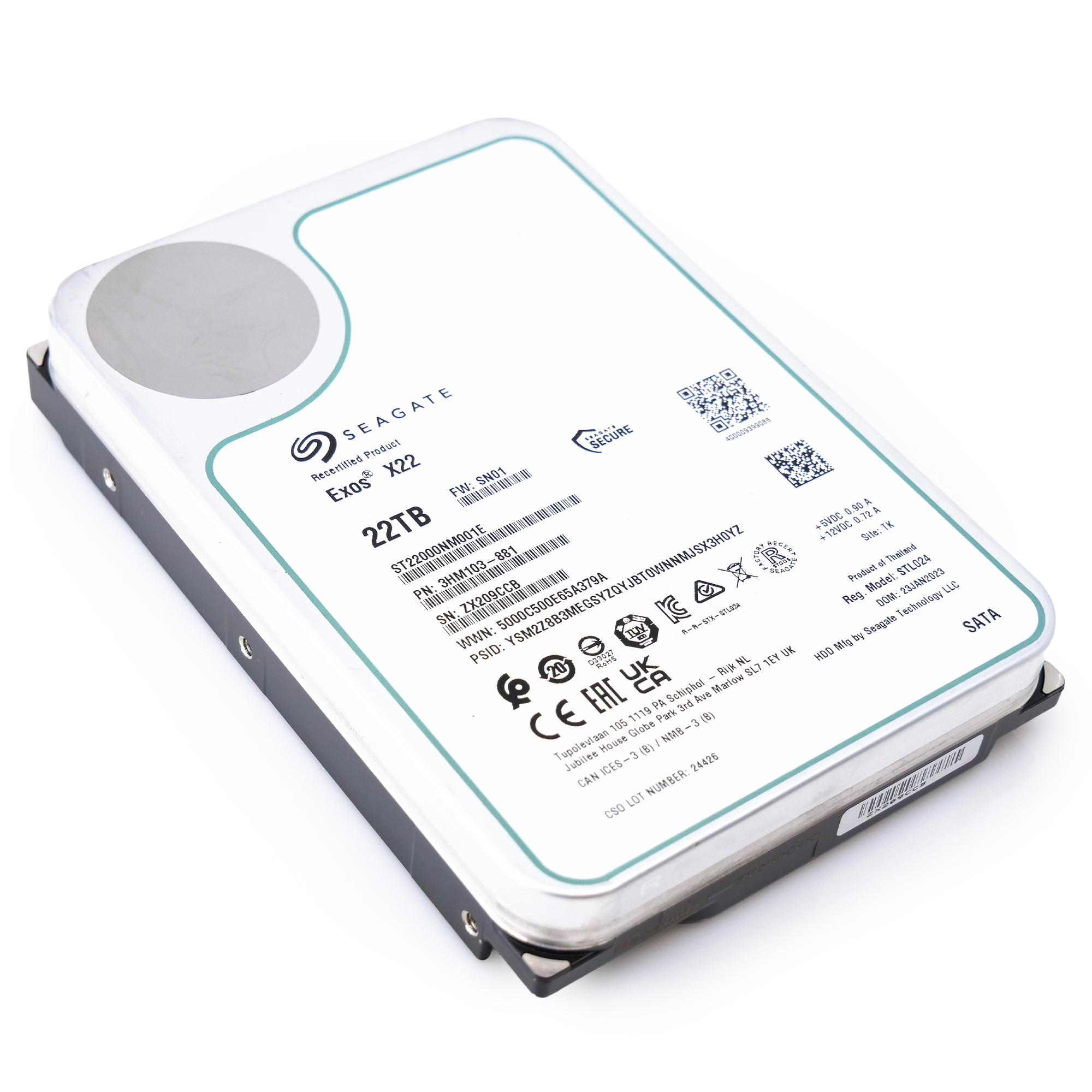 Seagate Exos X22 ST22000NM001E 22TB 7.2K RPM SATA 6Gb/s 512e 3.5in Recertified Hard Drive
