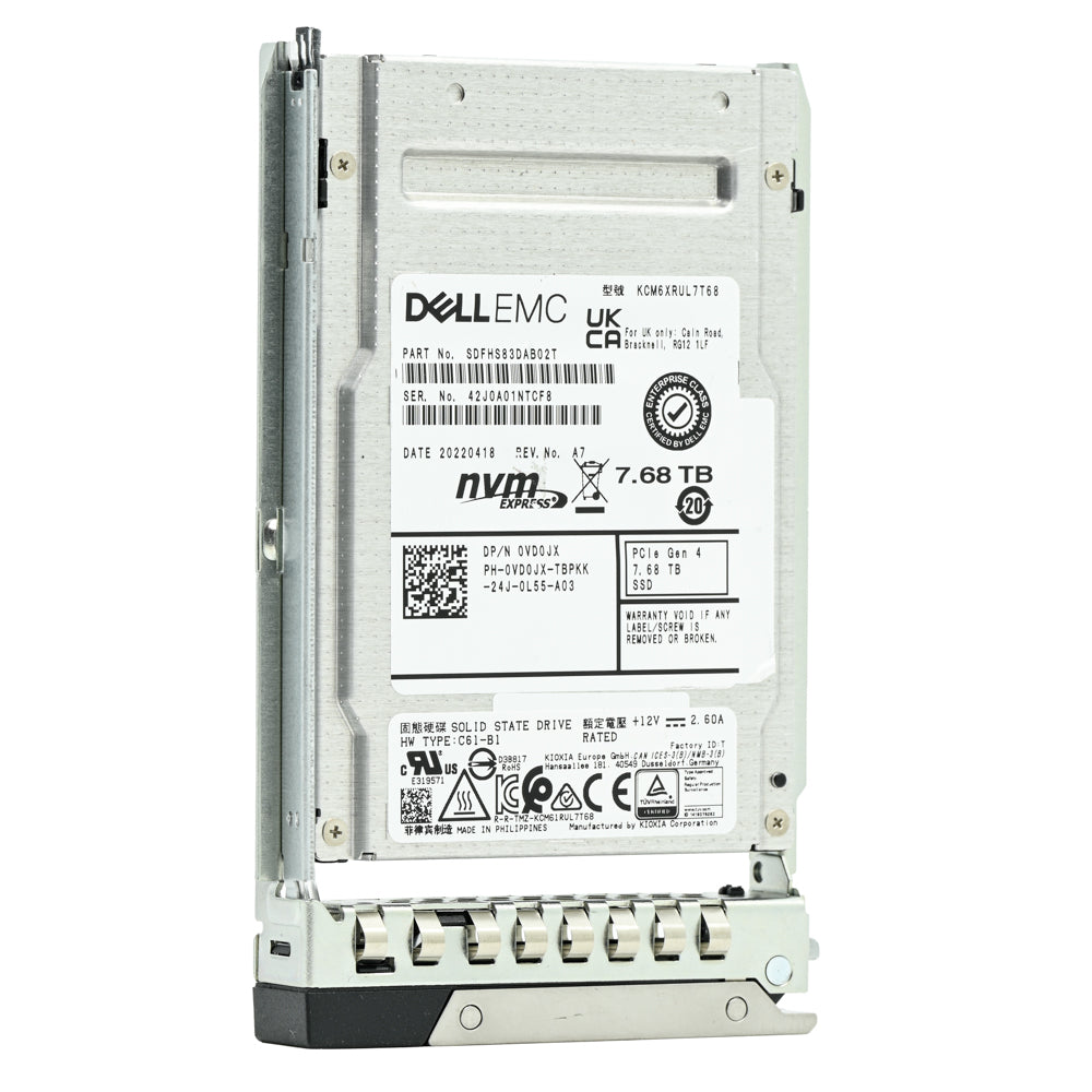 Dell G14 VD0JX KCM6XRUL7T68 7.68TB PCIe Gen 4.0 x4 8GB/s U.2 NVMe 1DWPD Read Intensive 2.5in Recertified Solid State Drive