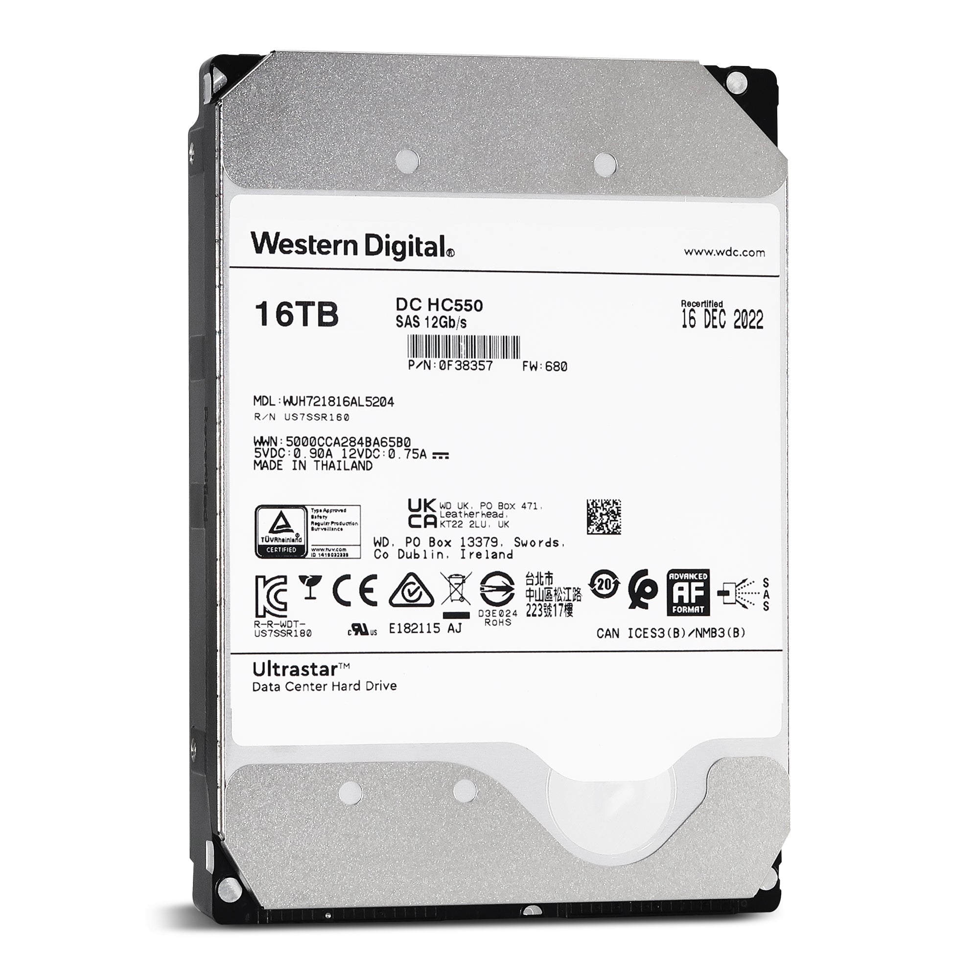 Western Digital Ultrastar DC HC550 WUH721816AL5204 0F38357 16TB 7.2K RPM SAS 12Gb/s 512e 3.5in Recertified Hard Drive