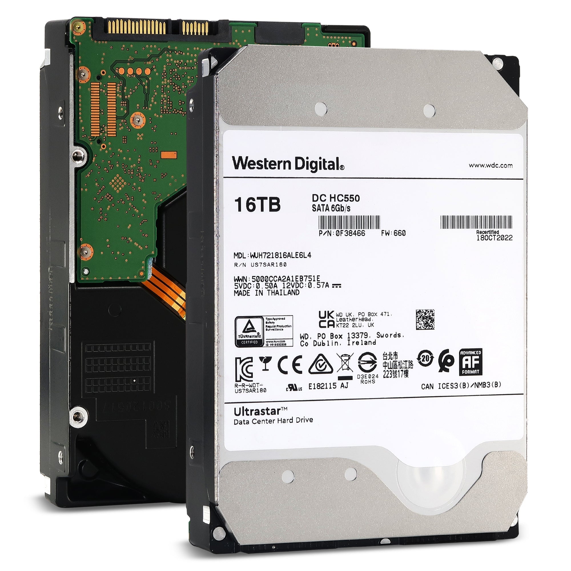 Western Digital Ultrastar DC HC550 WUH721816ALE6L4 0F38466 16TB 7.2K RPM SATA 6Gb/s 512e 3.5in Recertified Hard Drive