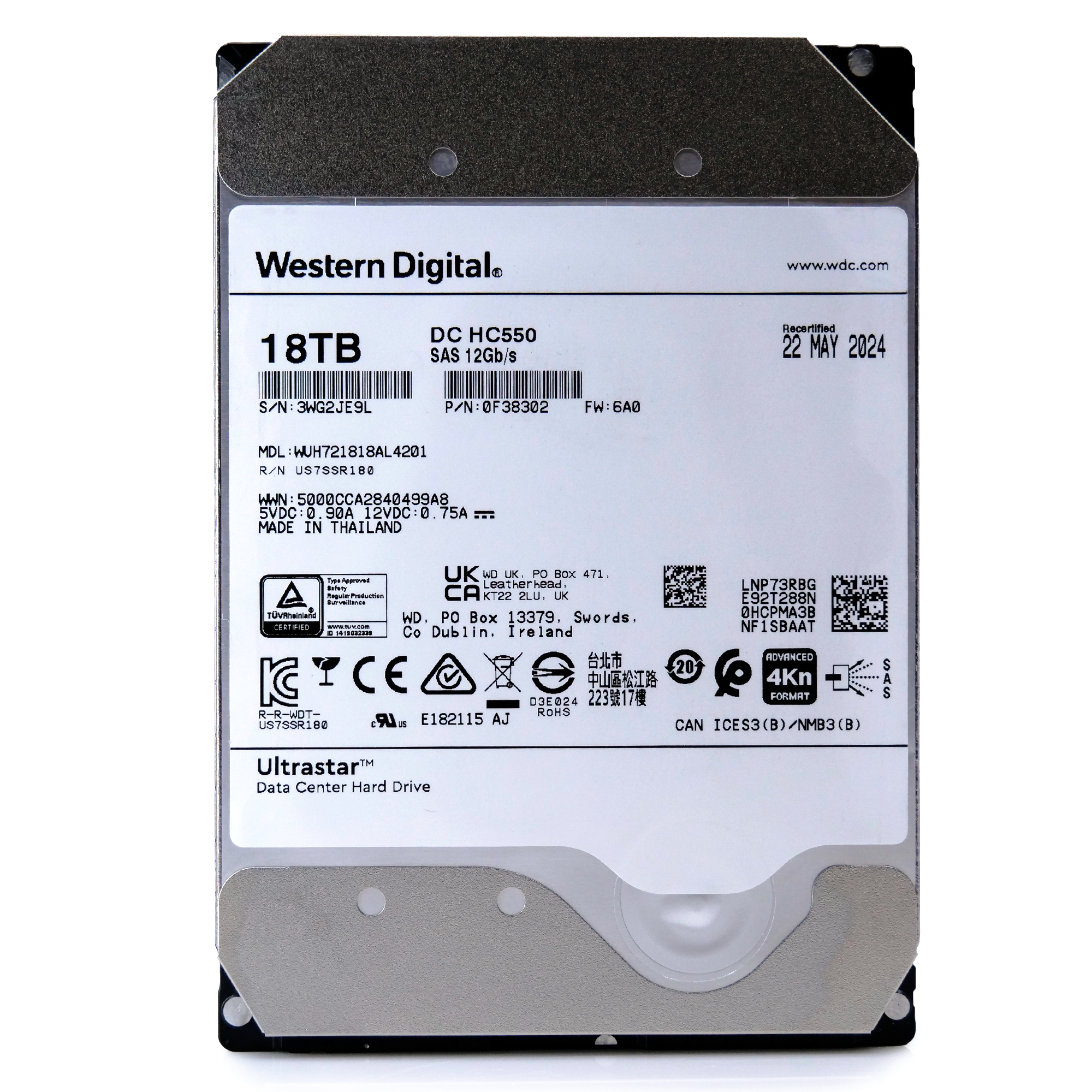 Western Digital Ultrastar HC550 WUH721818AL4201 0F38302 18TB 7.2K RPM SAS 12Gb/s 4Kn 3.5in Recertified Hard Drive