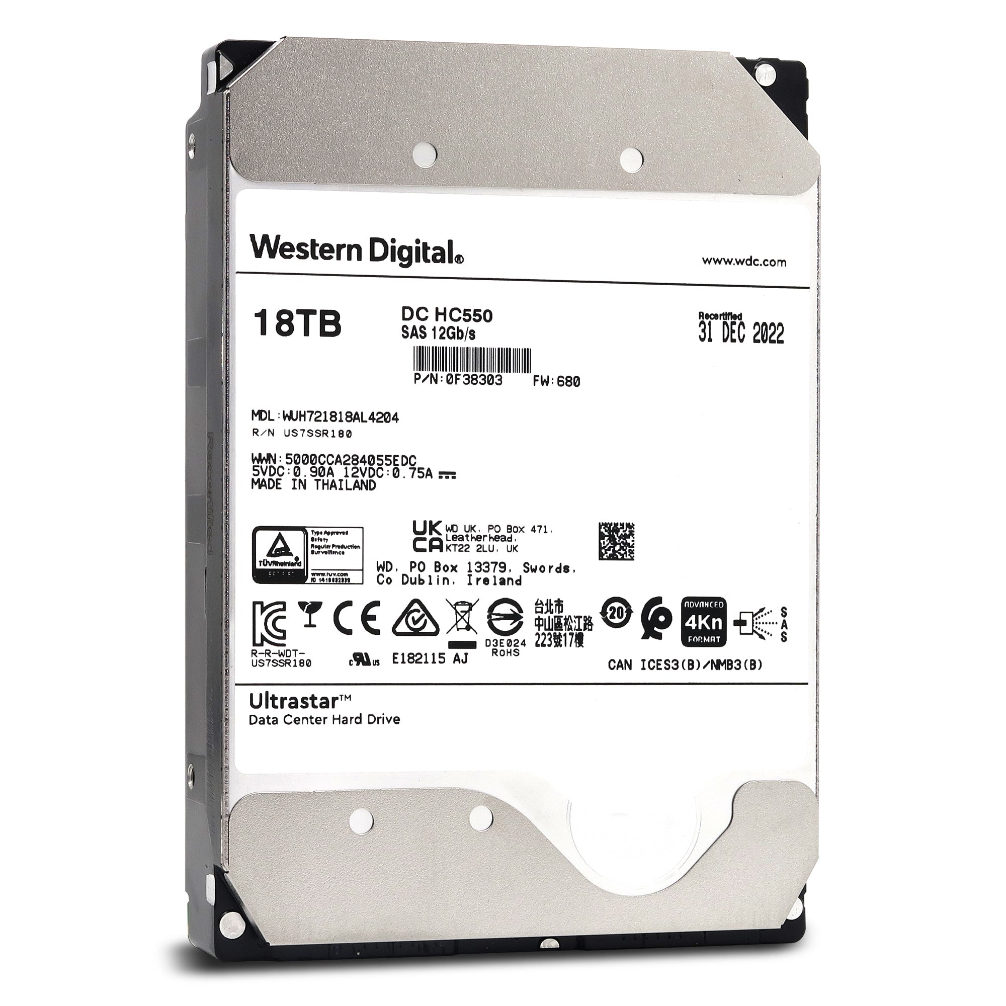 Western Digital Ultrastar DC HC550 WUH721818AL4204 0F38303 18TB 7200 RPM SAS 12Gb/s 3.5in Recertified Hard Drive
