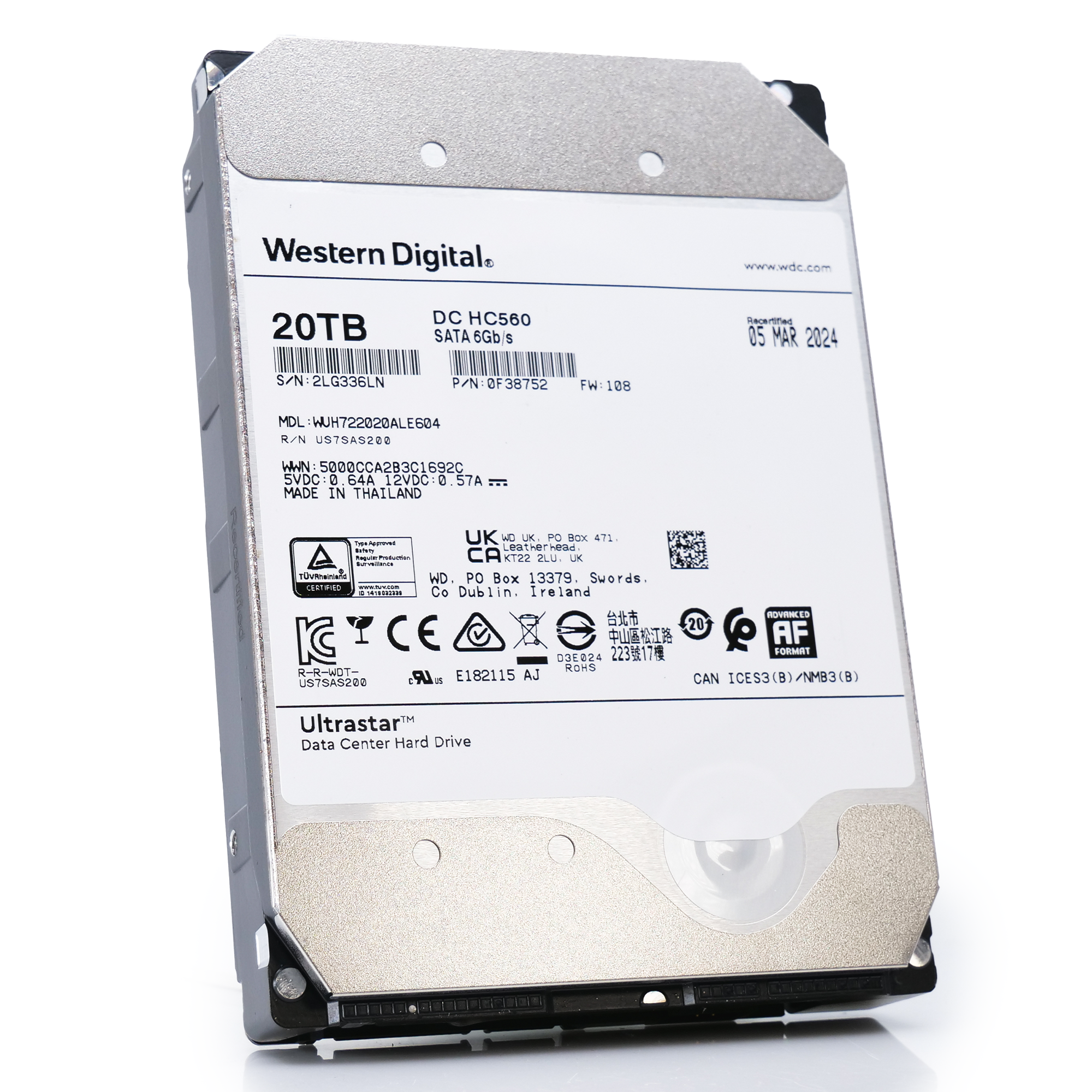 Western Digital Ultrastar HC560 WUH722020ALE604 0F38752 20TB 7.2K RPM SATA 6Gb/s 512e Power Disable 3.5in Recertified Hard Drive