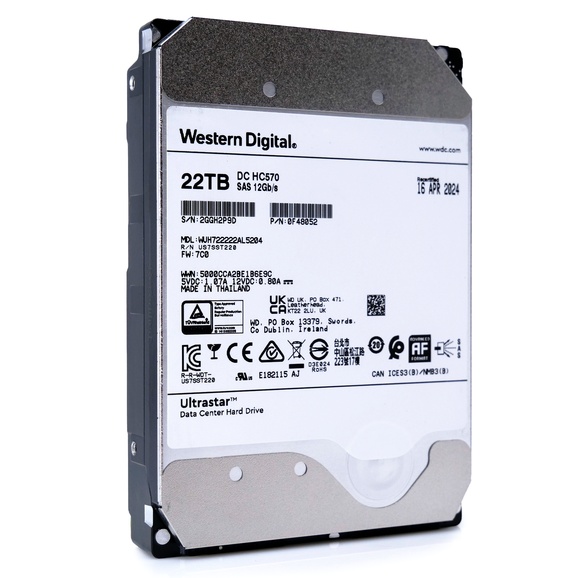 Western Digital Ultrastar HC570 WUH722222AL5204 0F48052 22TB 7.2K RPM SAS 12Gb/s 512e/4Kn 3.5in Recertified Hard Drive