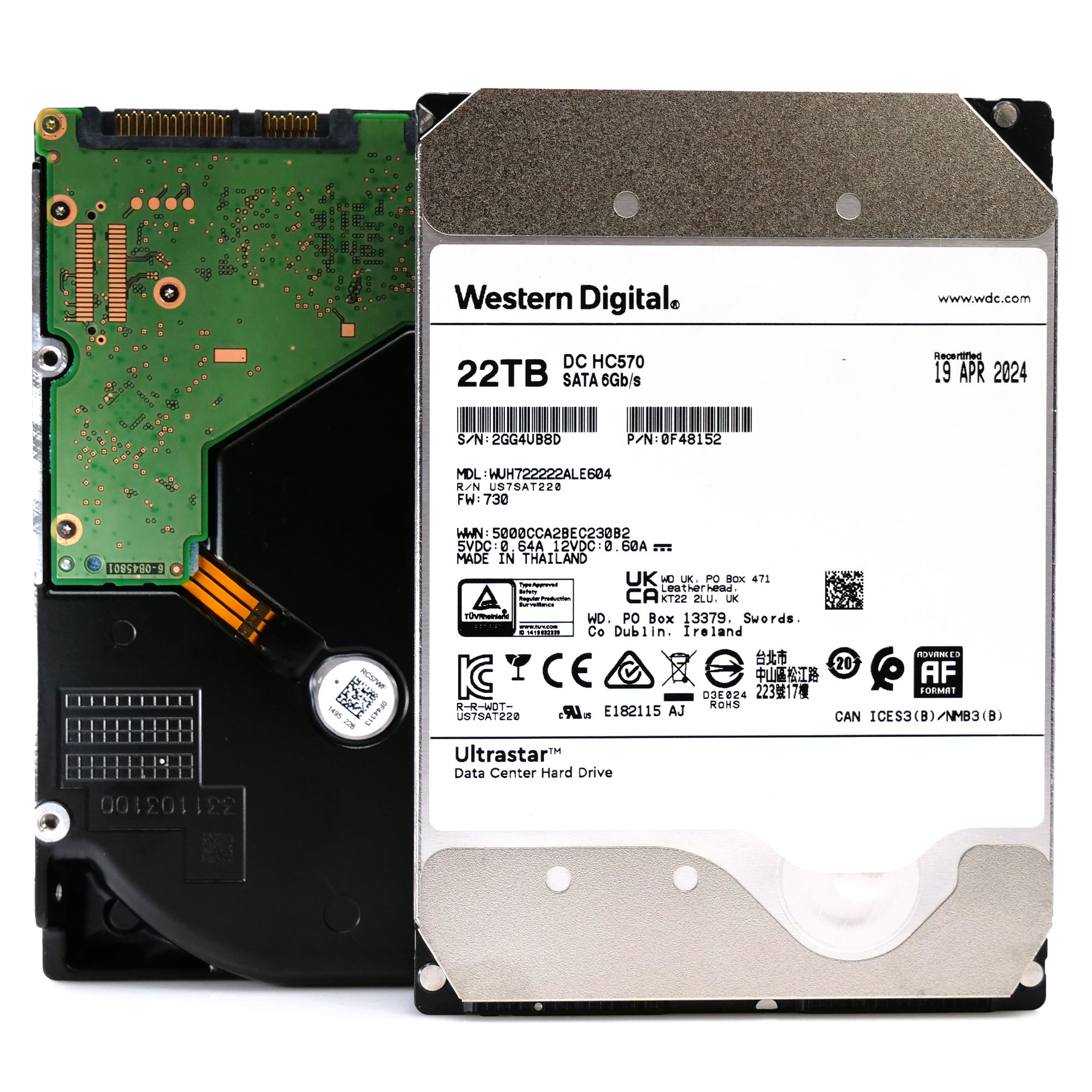 Western Digital Ultrastar HC570 WUH722222ALE604 0F48152 22TB 7.2K RPM SATA 6Gb/s 512e Power Disable 3.5in Recertified Hard Drive