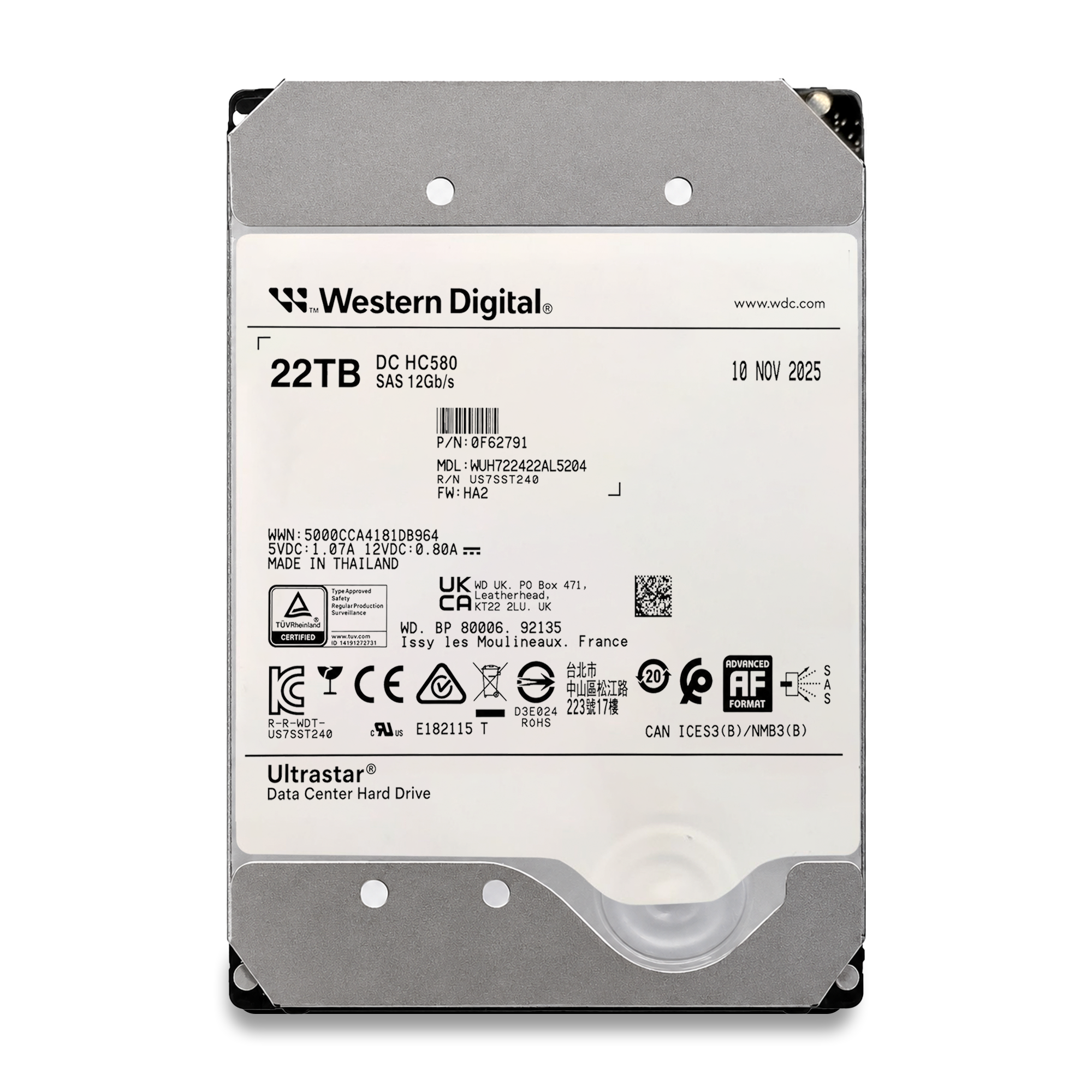 Western Digital Ultrastar DC HC580 WUH722422AL5204 0F62791 22TB 7.2K RPM SAS 12Gb/s 512e 512MB 3.5in Refurbished HDD