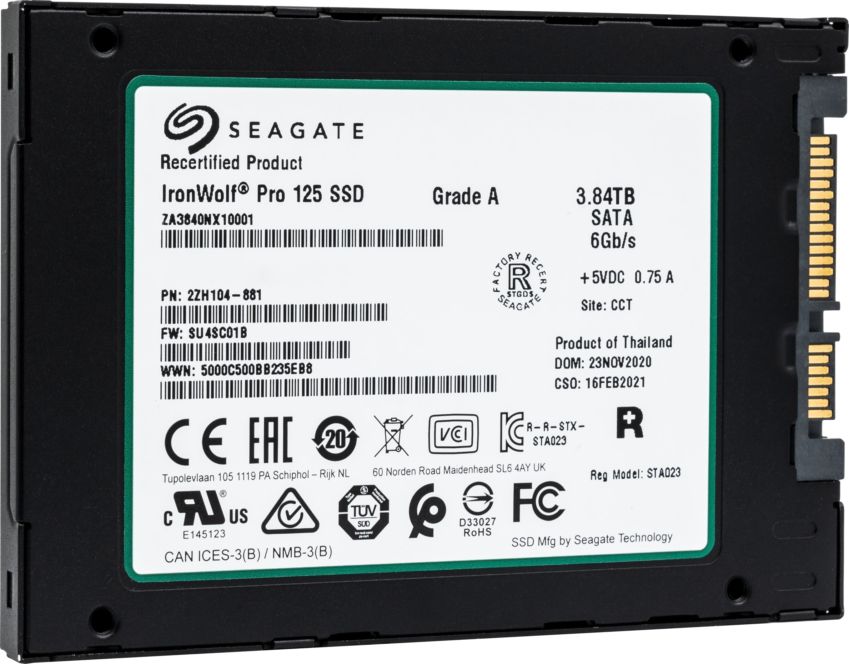Seagate IronWolf Pro 125 ZA3840NX10001 3.84TB SATA 6Gb/s 2.5in Recertified Solid State Drive