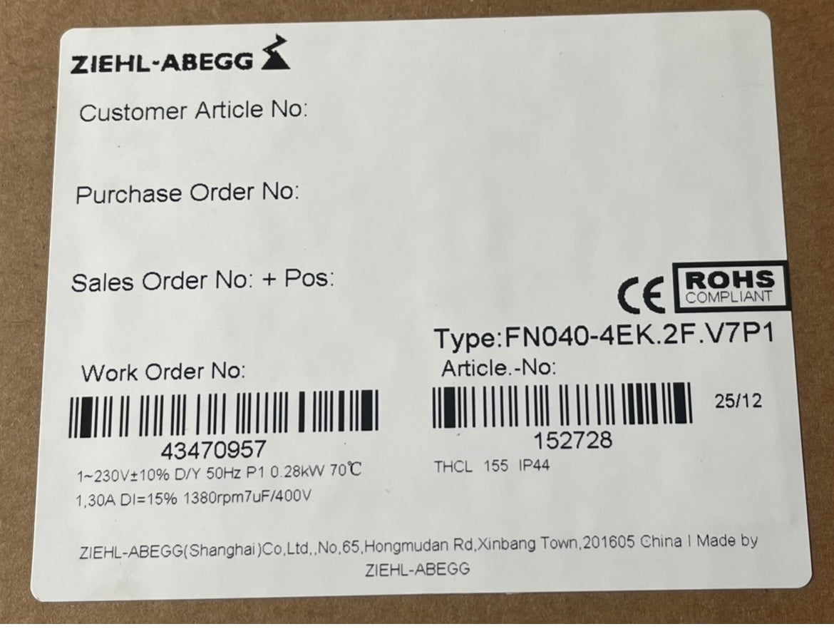 FN040-4EK.2F.V7P1 230V 0.13kW 0.6A 950rpm ZIEHL-ABEGG Axial Fan