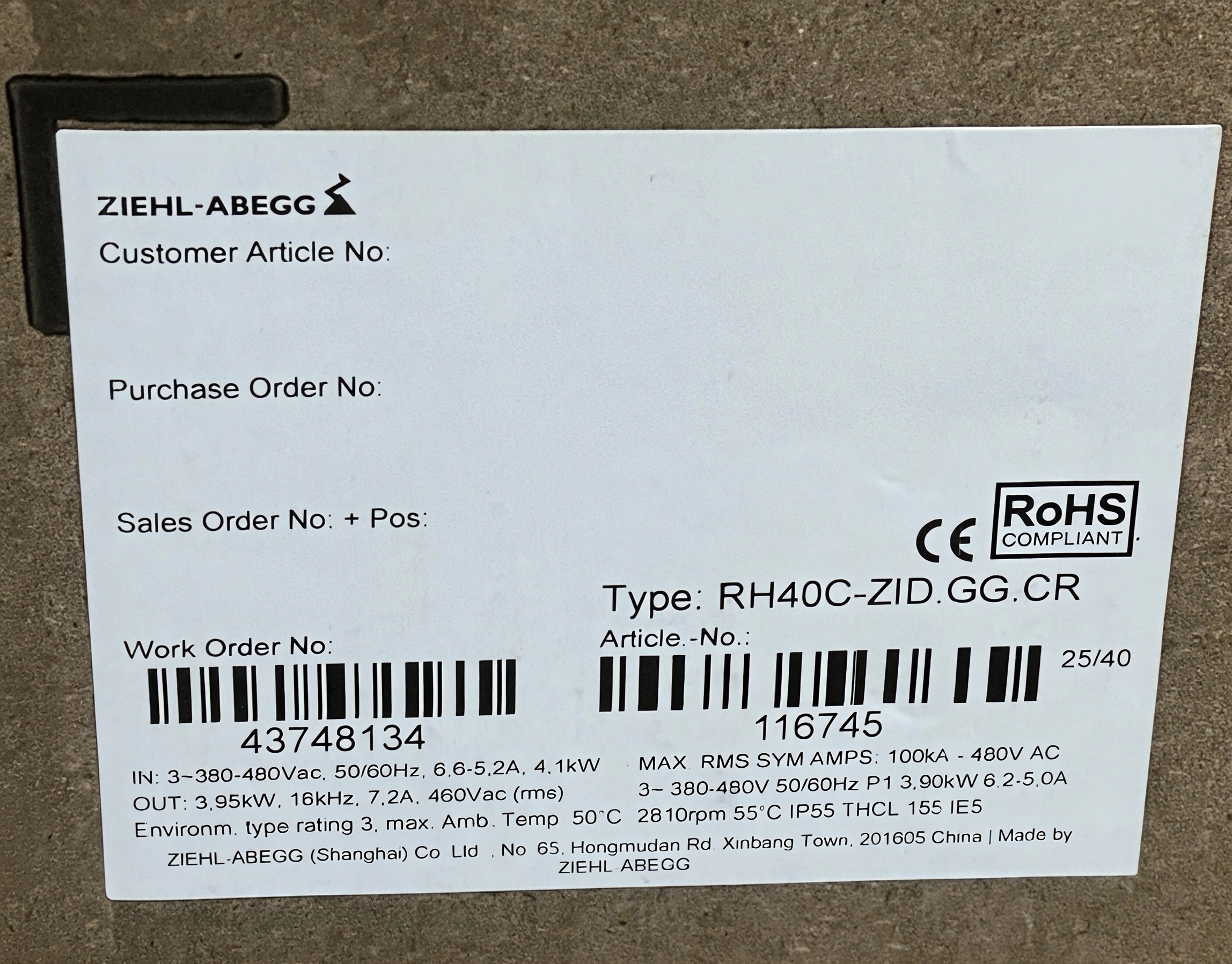 ZIEHL-ABEGG RH40C-ZID.GG.CR centrifugal fan 3.9W 6.2/5.0A 2810rpm 50/60Hz