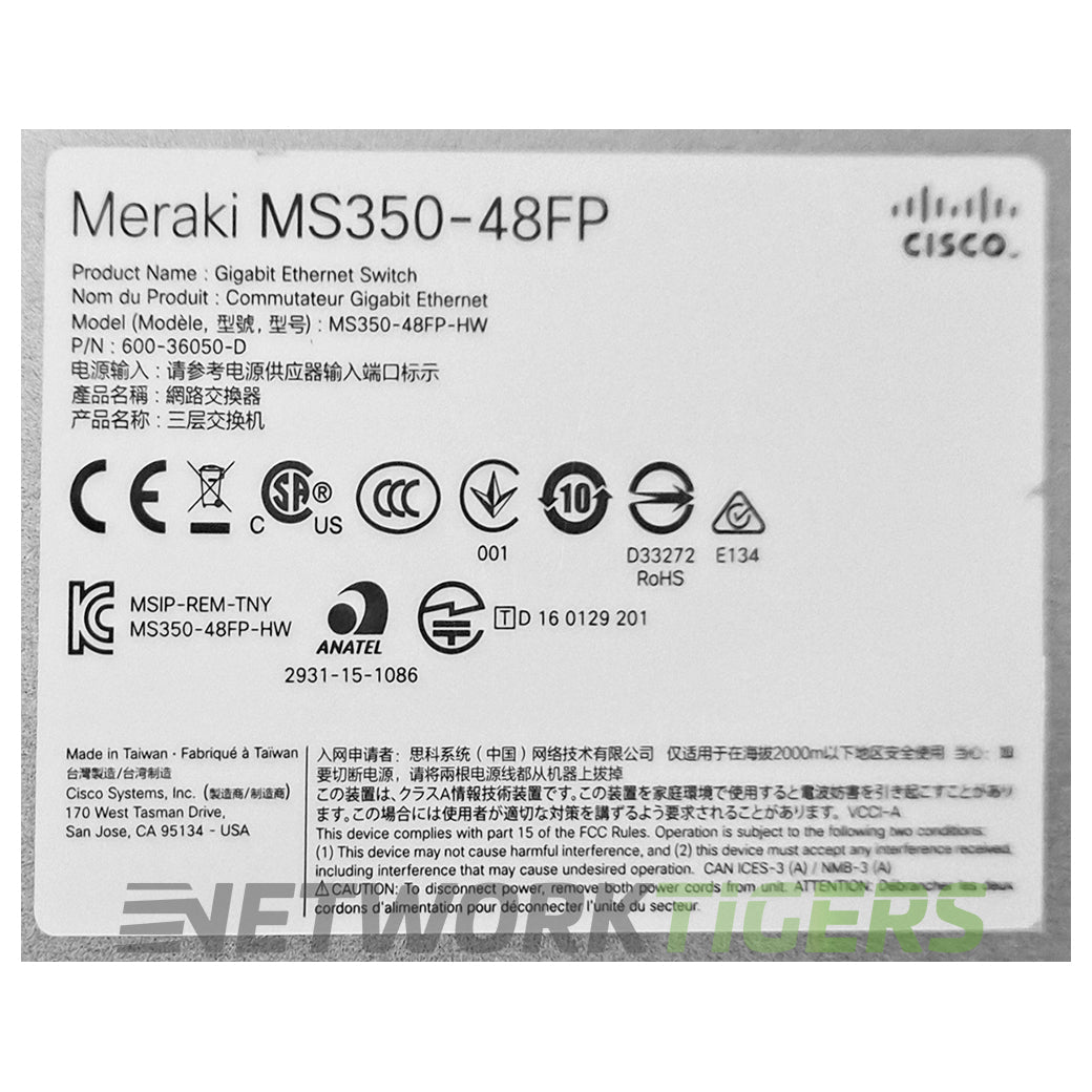 Cisco Meraki MS350-48FP-HW 48x 1GB PoE+ RJ45 4x 10GB SFP Unclaimed Switch