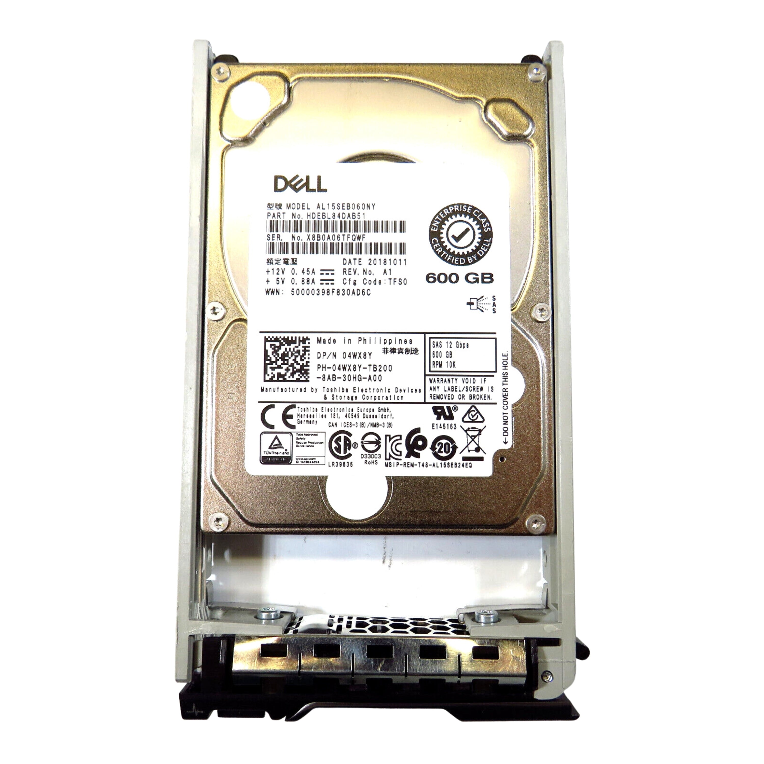 Dell 4WX8Y 2.5" 600GB 10000RPM SAS 12Gb/s Hard Disk Drive (HDD), Silver (Refurbished)
