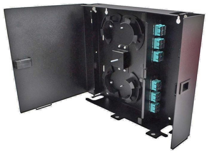 Wall Mount Enclosure 2 Panel Deluxe Loaded with 2 Duplex SC OM3 Plates & Splice Trays Black