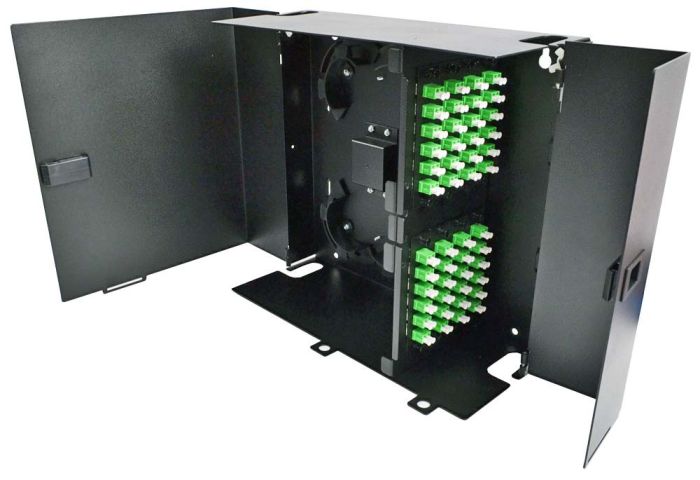 Wall Mount Enclosure 8 Panel Deluxe Loaded with 8 Duplex LC/APC Plates & Splice Trays Black